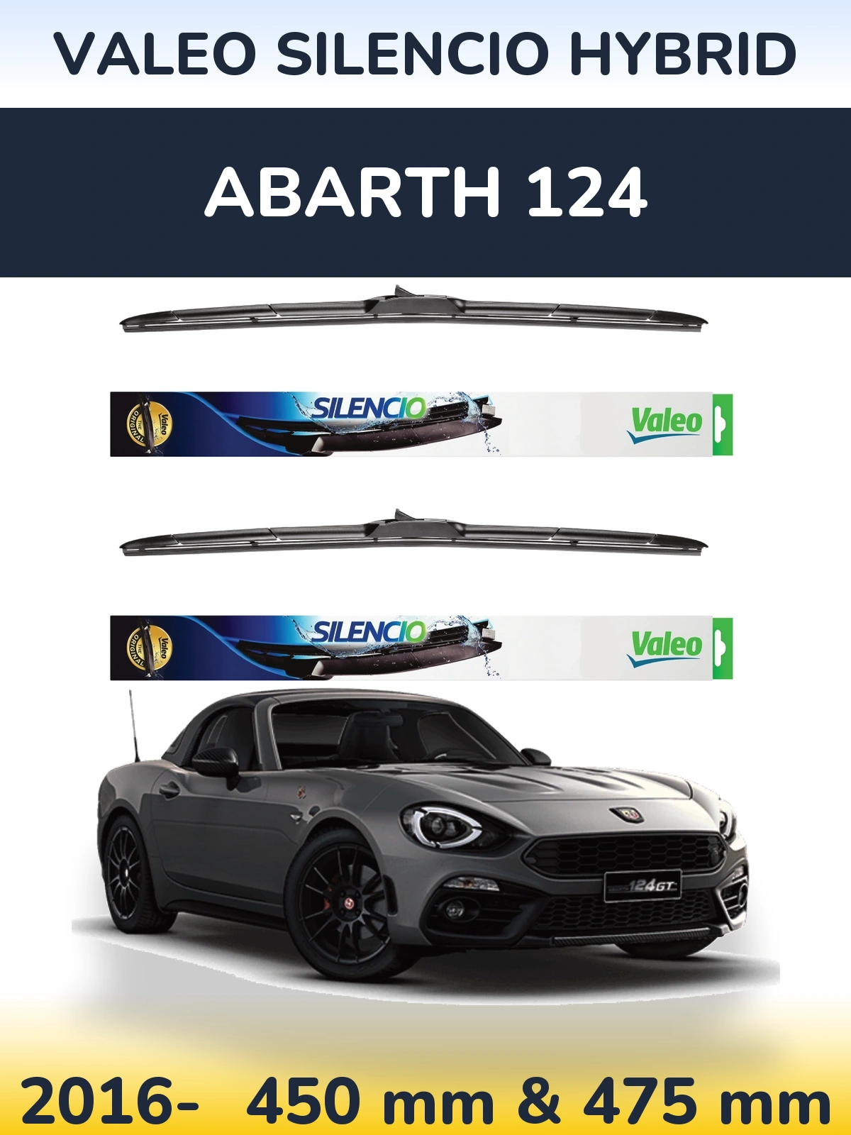 Комплект передних дворников Valeo Silencio Hybrid 450 & 475 мм для Abarth 124 2016-2026