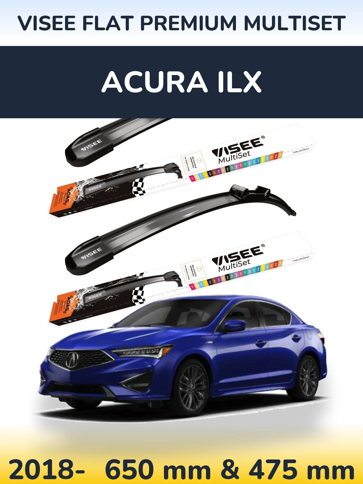 Front wiper blade set VISEE FLAT PREMIUM MultiSet 650 & 475 mm for Acura ILX 2018-2026