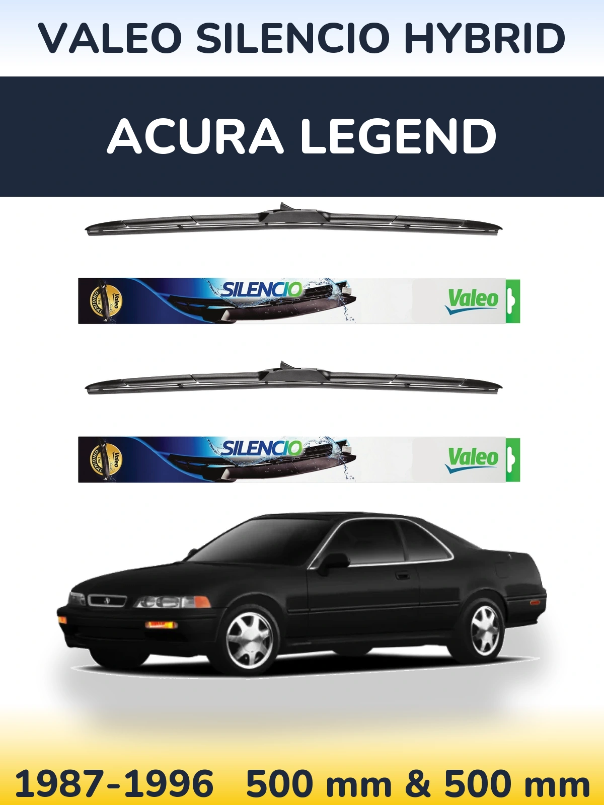 Front wiper blade set Valeo Silencio Hybrid 500 & 500 mm for Acura Legend 1987-1996