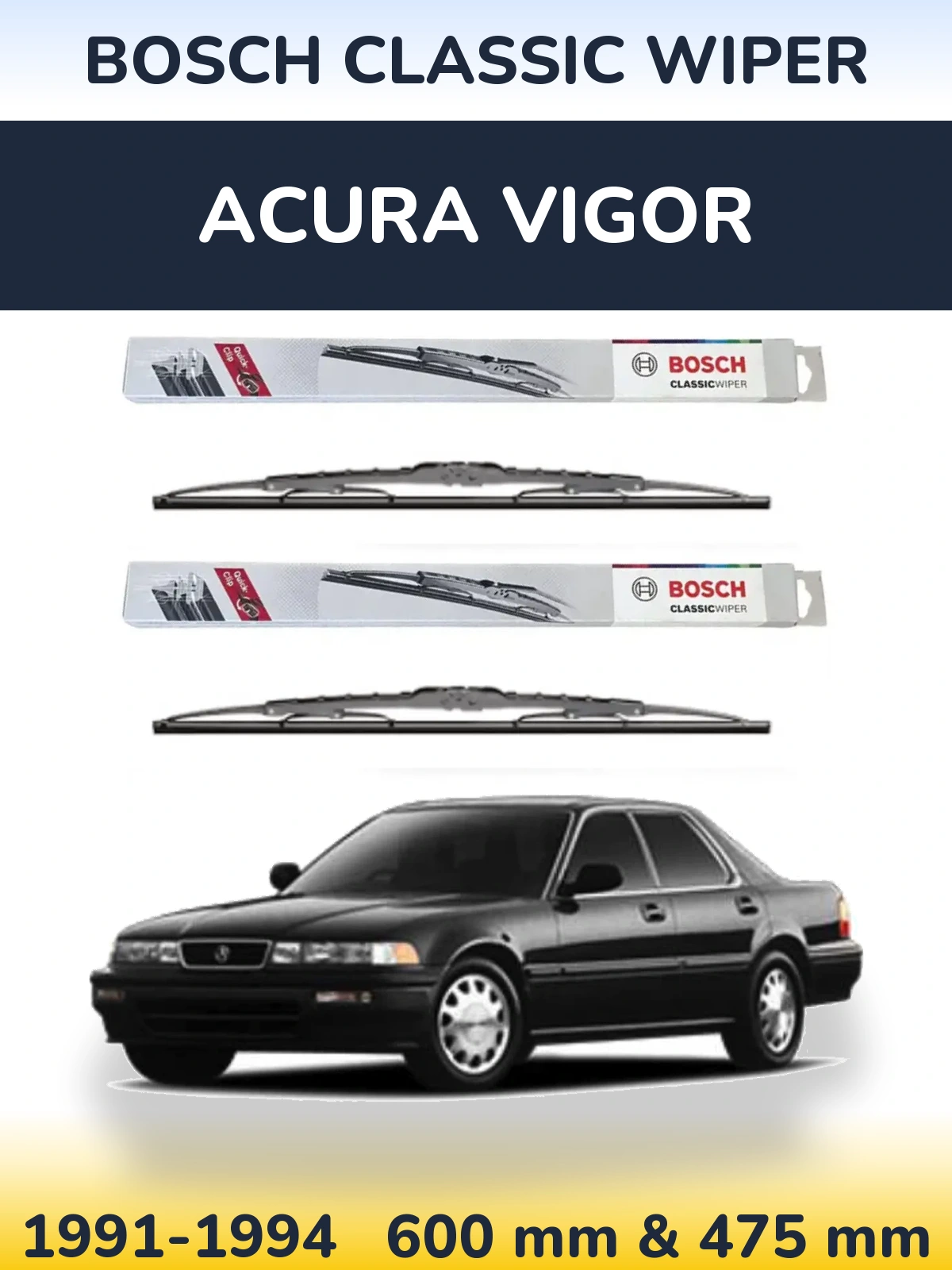 Front wiper blade set BOSCH Classic Wiper 600 & 475 mm for Acura Vigor 1991-1994