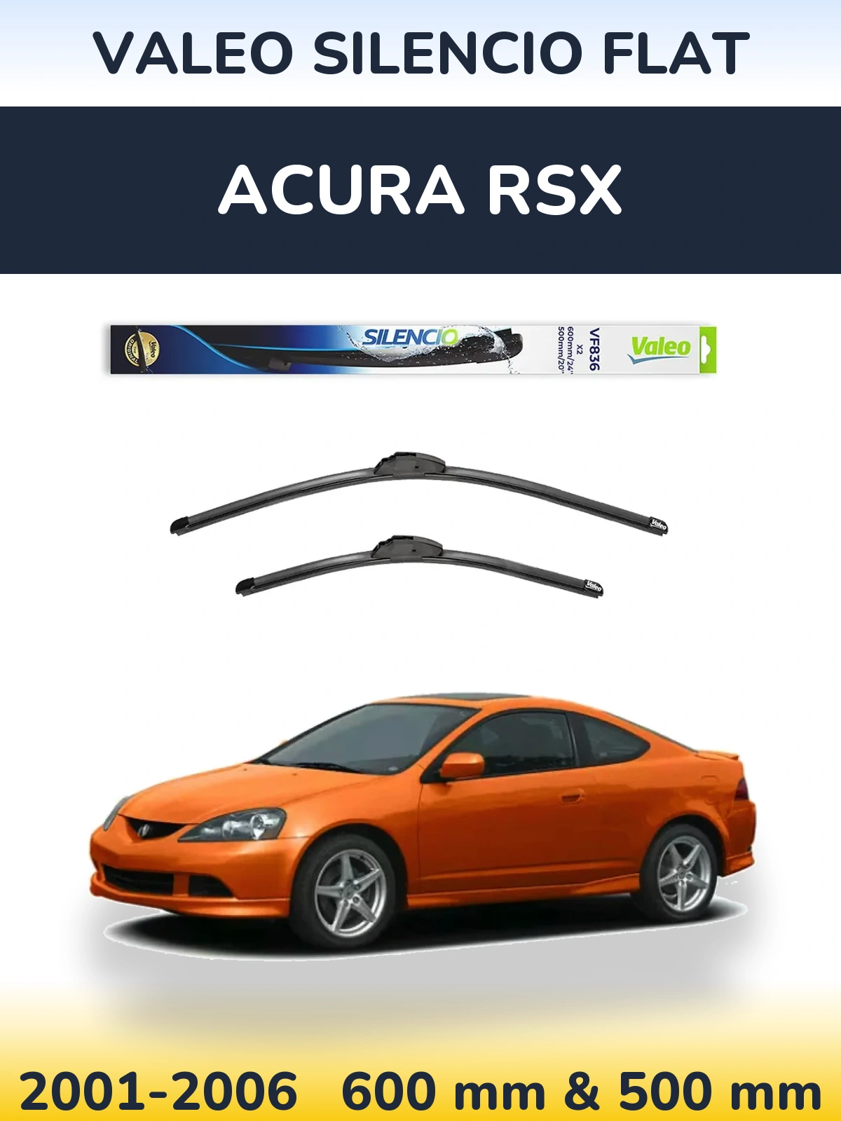 Front wiper blade set Valeo Silencio Flat 600 & 500 mm for Acura RSX 2001-2006