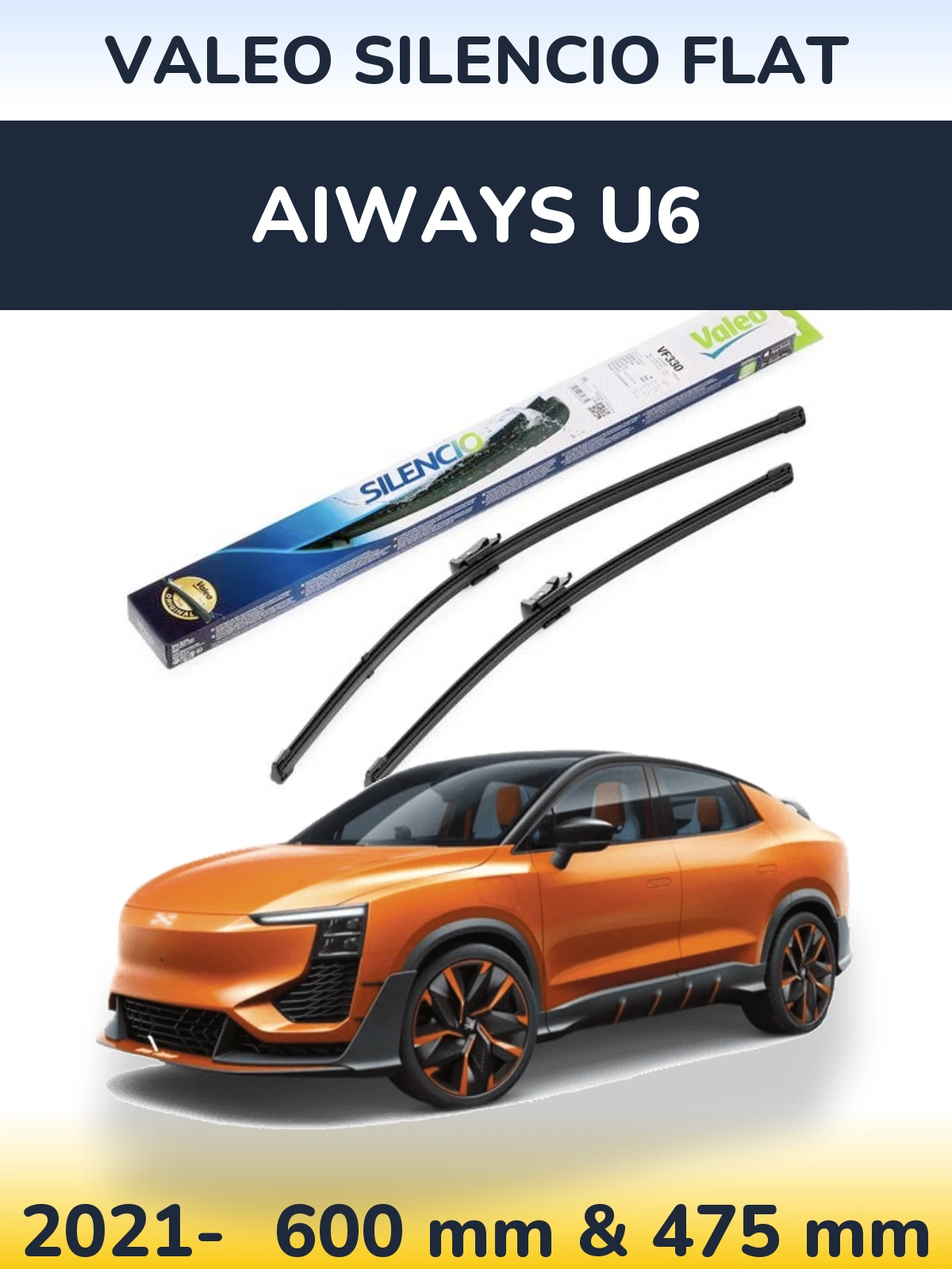 Front wiper blade set Valeo Silencio Flat 600 & 475 mm for Aiways U6 2021-2026