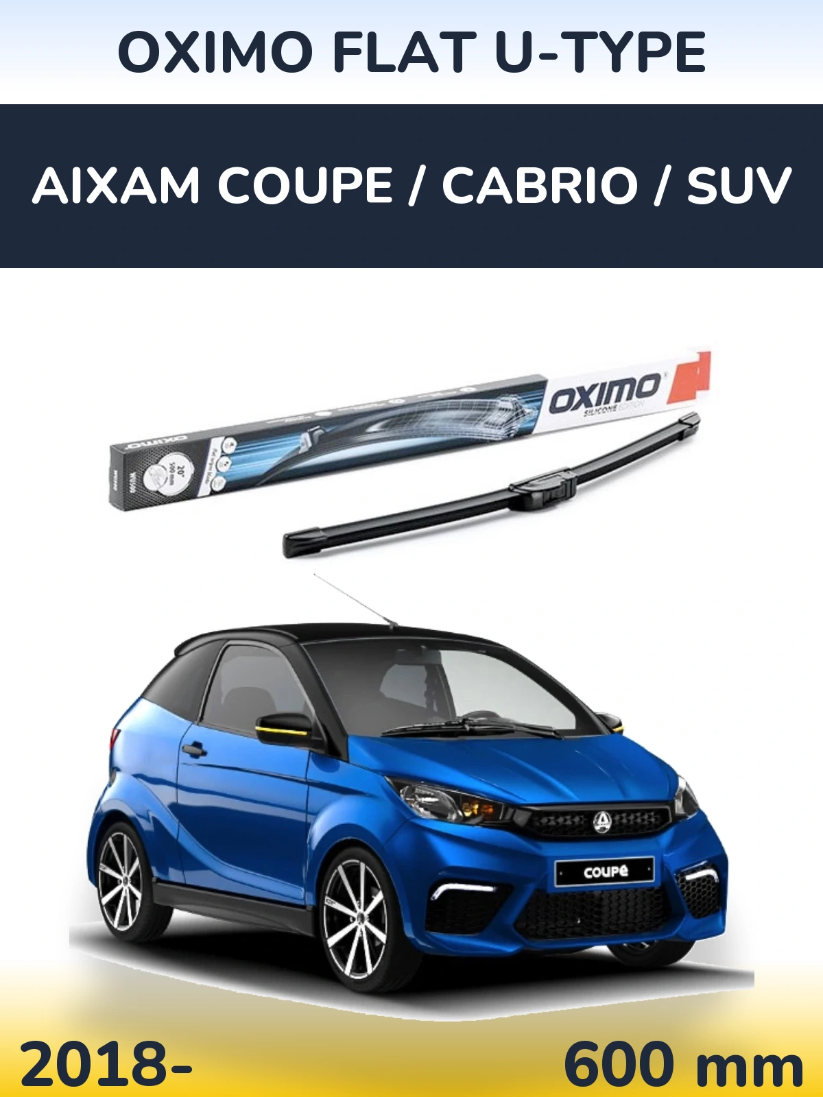 Передня щітка Oximo Flat U-type 600 мм для Aixam Coupe / Cabrio / SUV 2018-2026