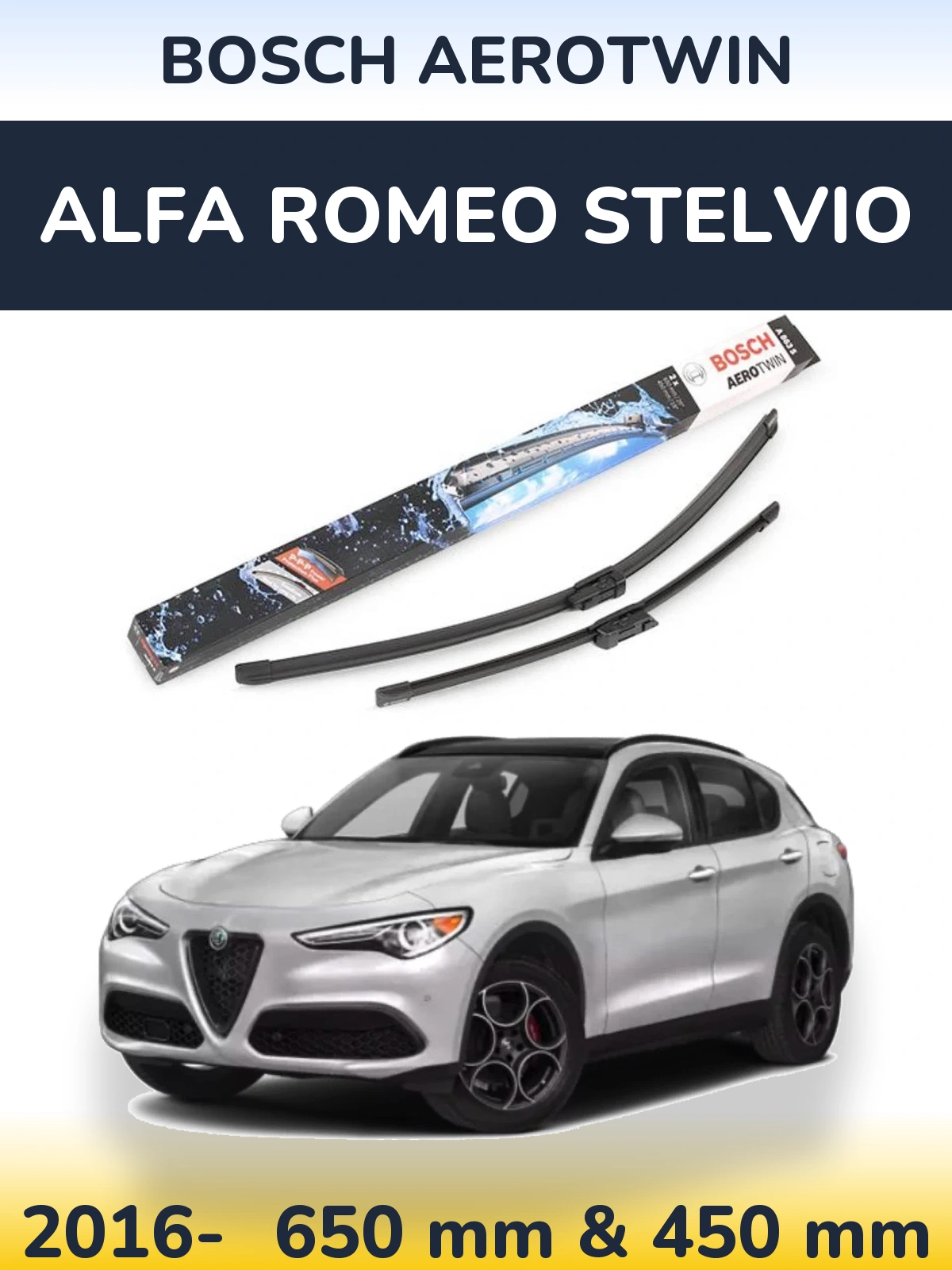 Комплект передних дворников BOSCH AeroTwin 650 & 450 мм для Alfa Romeo Stelvio 2016-2026