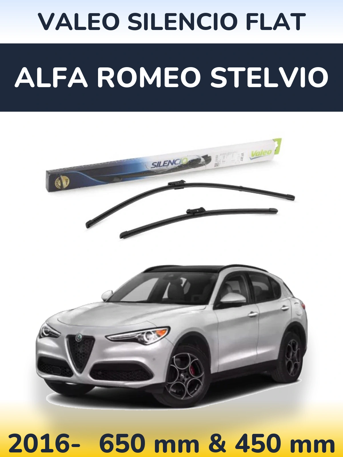 Комплект передніх щіток Valeo Silencio Flat 650 & 450 мм для Alfa Romeo Stelvio 2016-2026