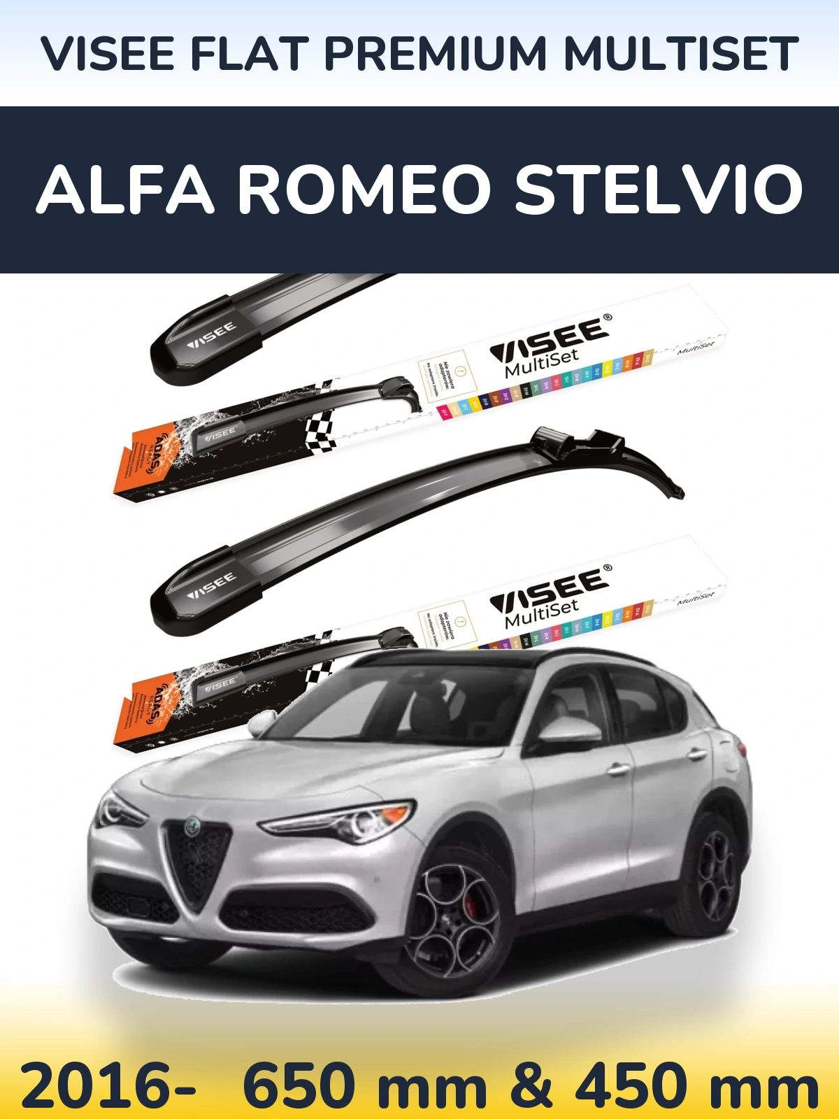 Komplet przednich wycieraczek VISEE FLAT PREMIUM MultiSet 650 & 450 mm do Alfa Romeo Stelvio 2016-2026