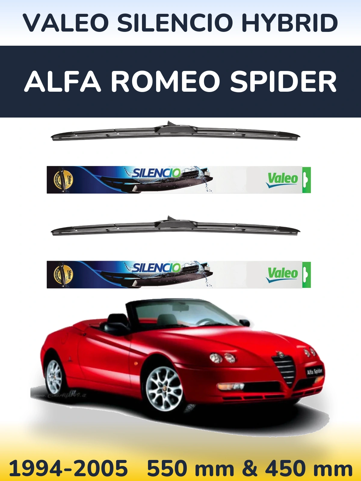 Komplet przednich wycieraczek Valeo Silencio Hybrid 550 & 450 mm do Alfa Romeo Spider 1994-2005