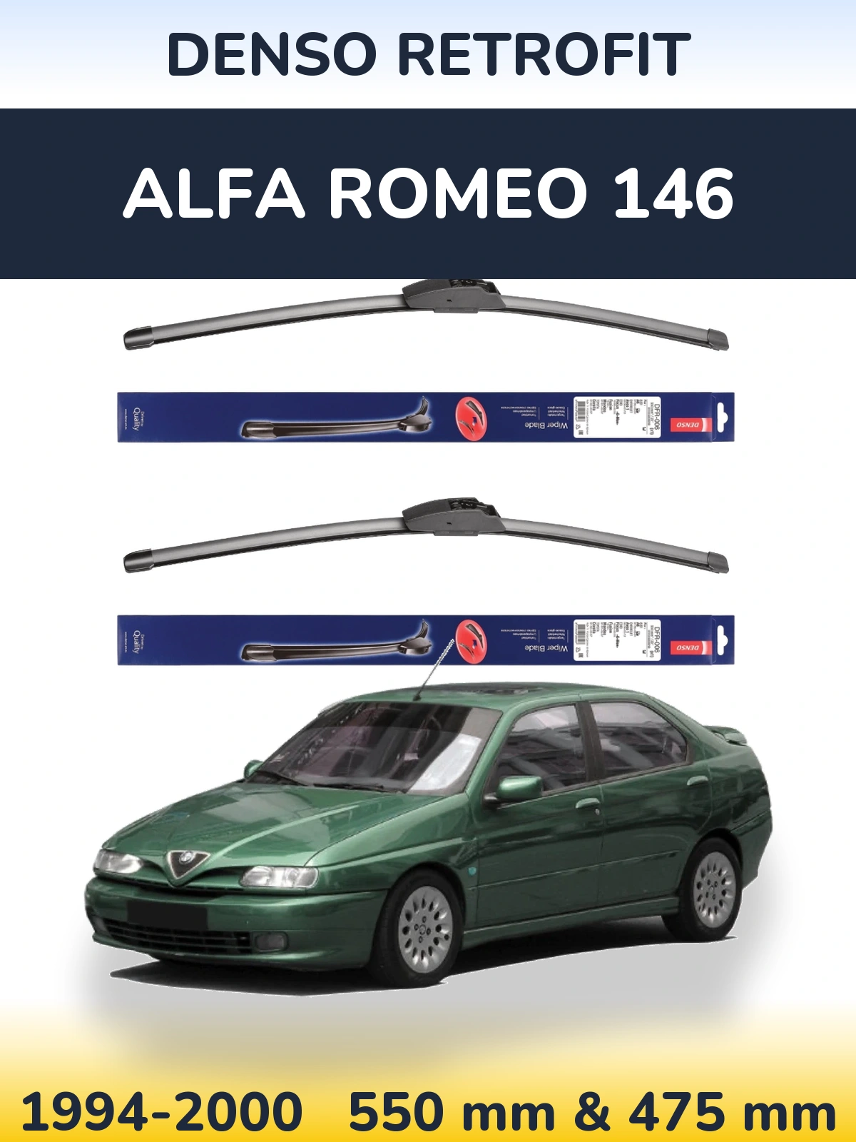 Front wiper blade set Denso Retrofit 550 & 475 mm for Alfa Romeo 146 1994-2000