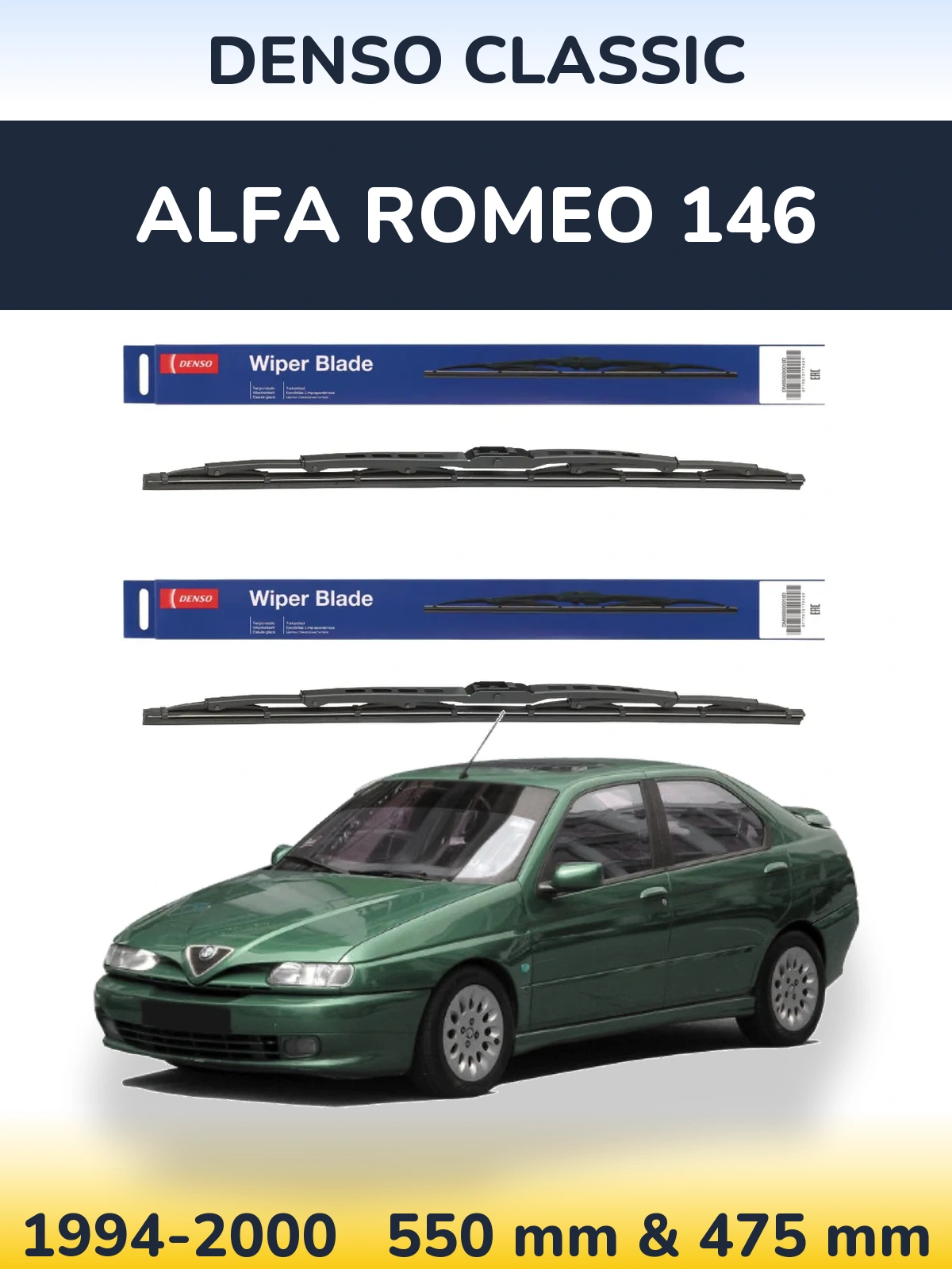 Front wiper blade set Denso Classic 550 & 475 mm for Alfa Romeo 146 1994-2000