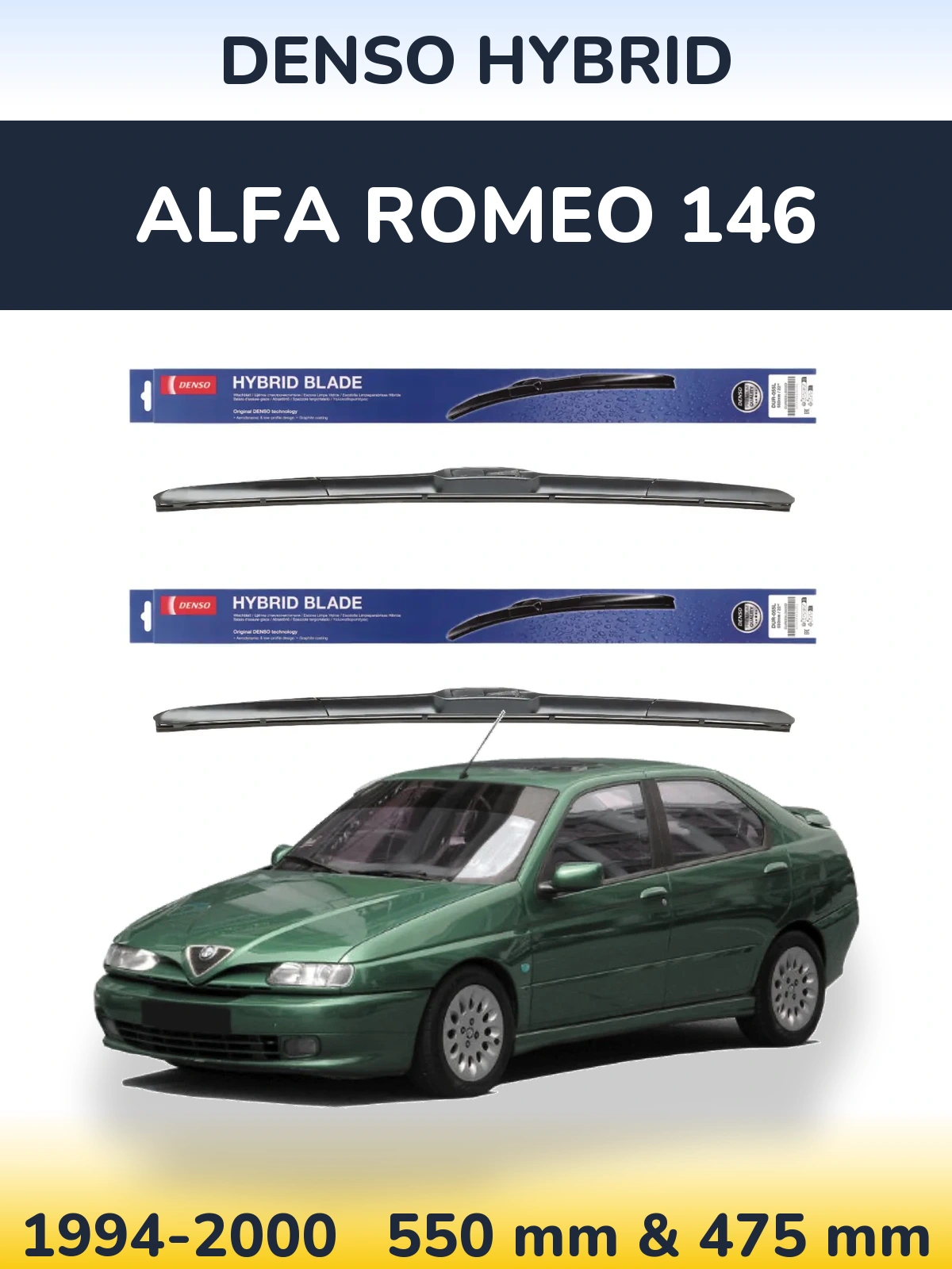 Front wiper blade set Denso Hybrid 550 & 475 mm for Alfa Romeo 146 1994-2000