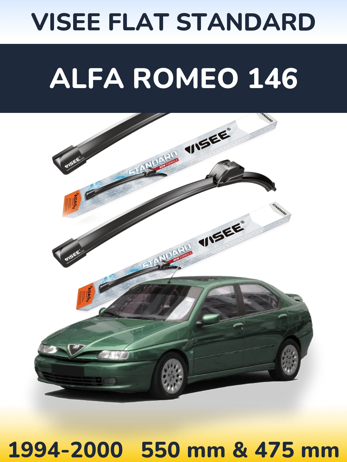 Front wiper blade set VISEE FLAT STANDARD 550 & 475 mm for Alfa Romeo 146 1994-2000