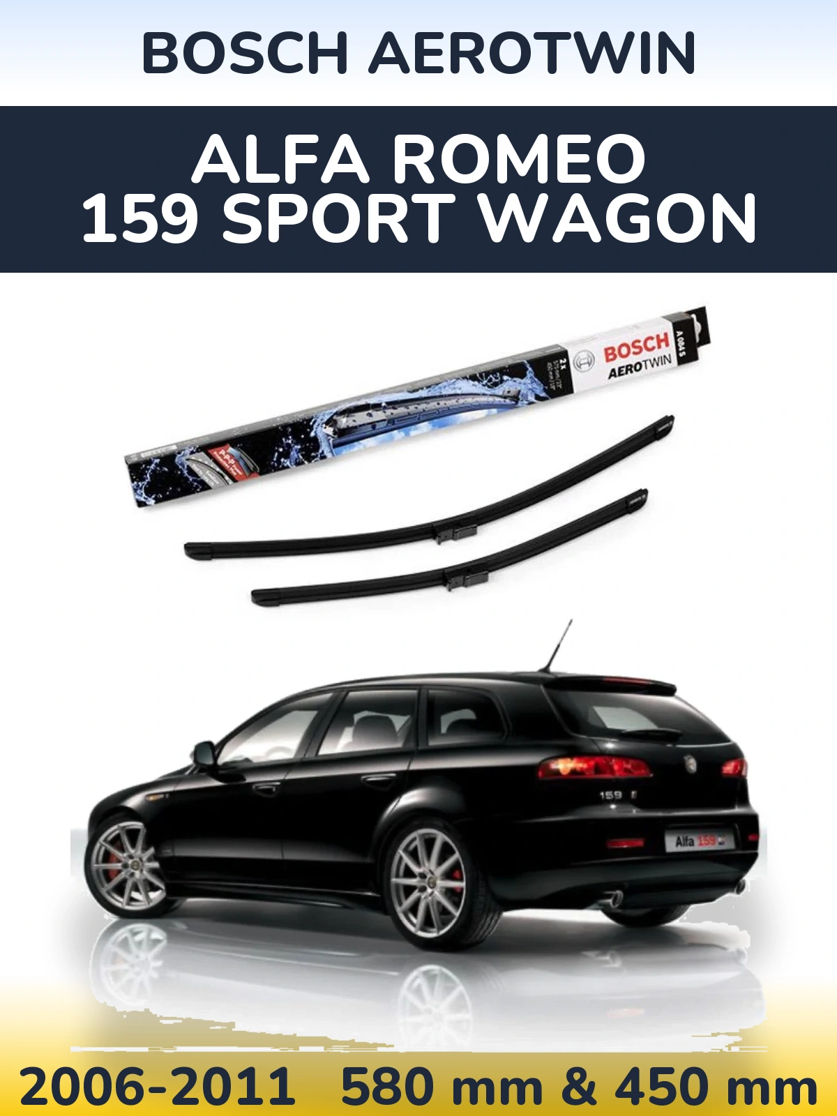 Front wiper blade set BOSCH AeroTwin 580 & 450 mm for Alfa Romeo 159 Sport Wagon 2006-2011
