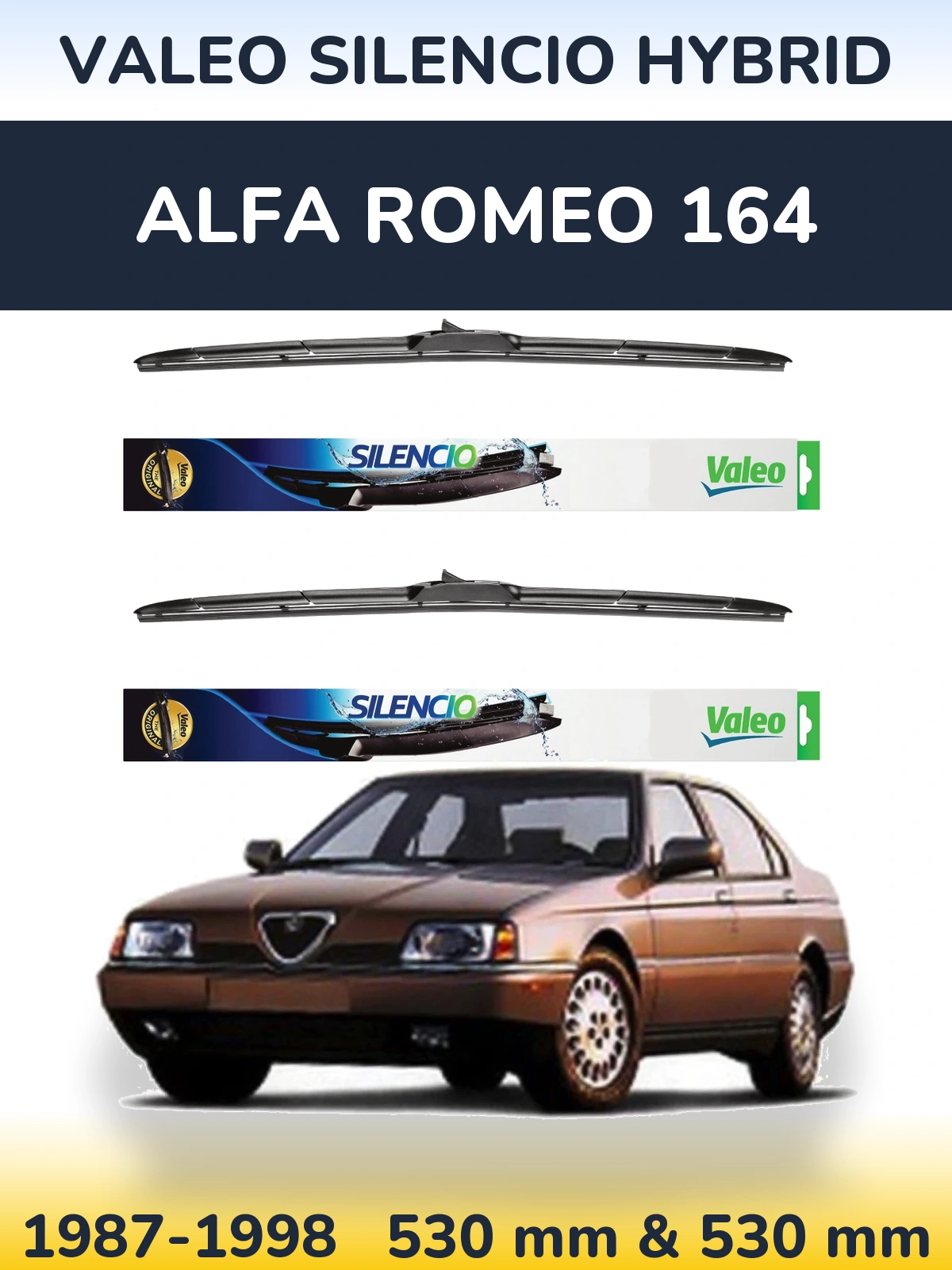Front wiper blade set Valeo Silencio Hybrid 530 & 530 mm for Alfa Romeo 164 1987-1998