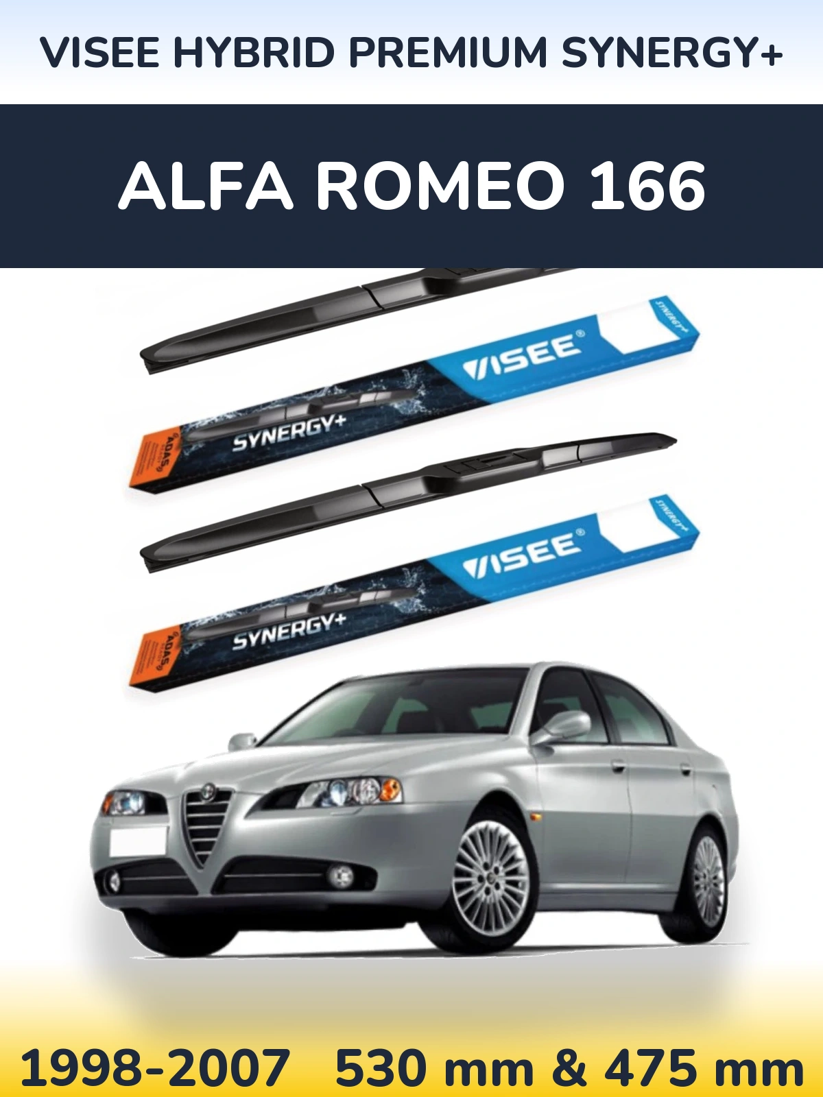 Front wiper blade set VISEE HYBRID PREMIUM SYNERGY+ 530 & 475 mm for Alfa Romeo 166 1998-2007