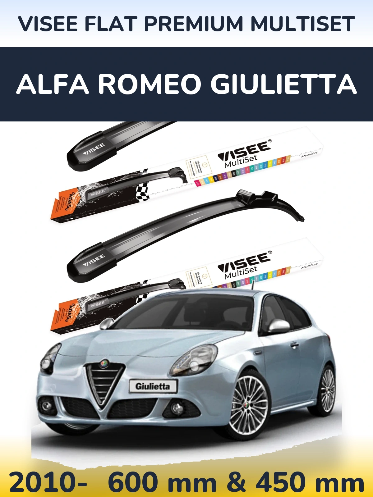 Komplet przednich wycieraczek VISEE FLAT PREMIUM MultiSet 600 & 450 mm do Alfa Romeo Giulietta 2010-2026