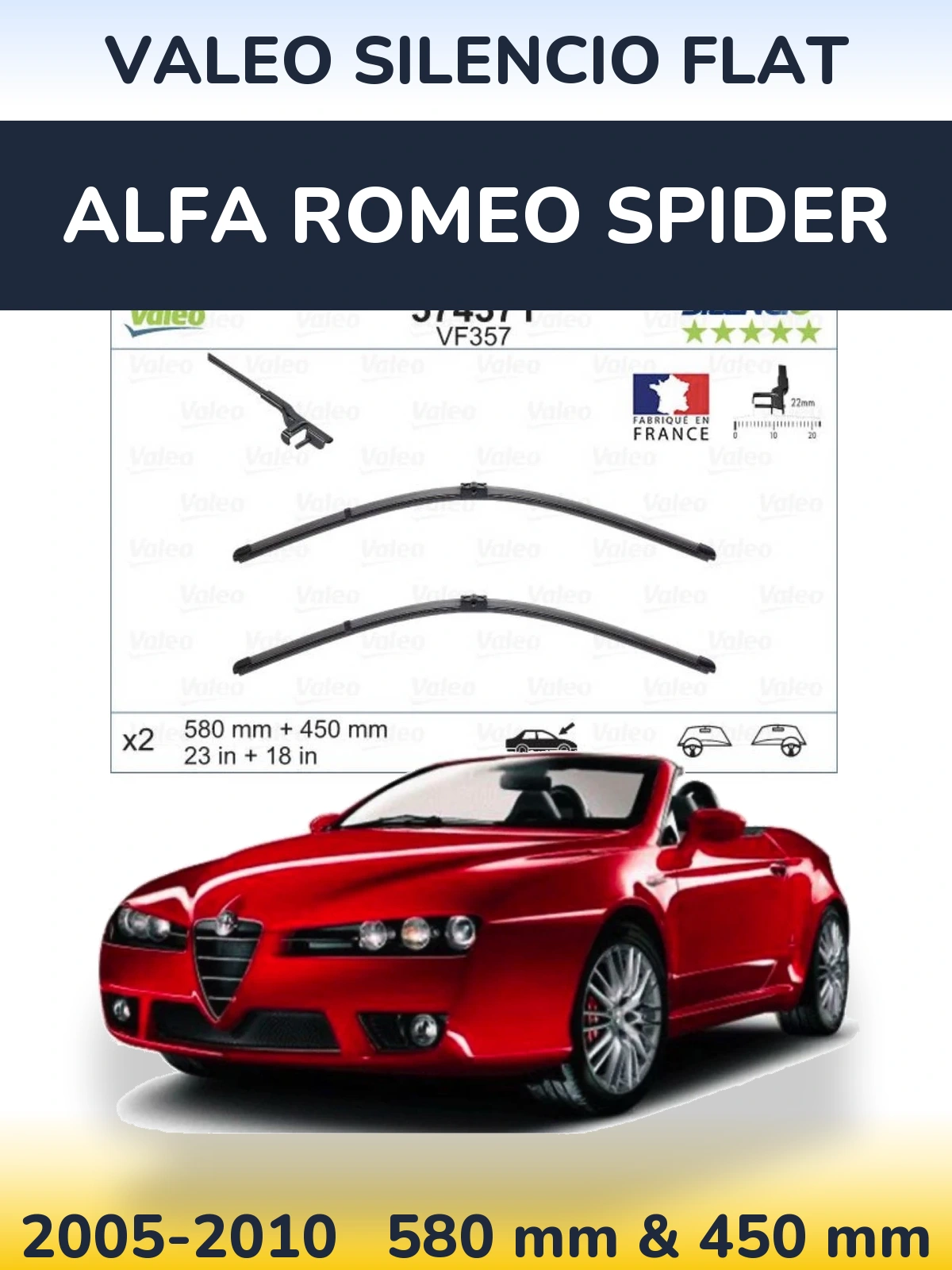 Комплект передних дворников Valeo Silencio Flat 580 & 450 мм для Alfa Romeo Spider 2005-2010
