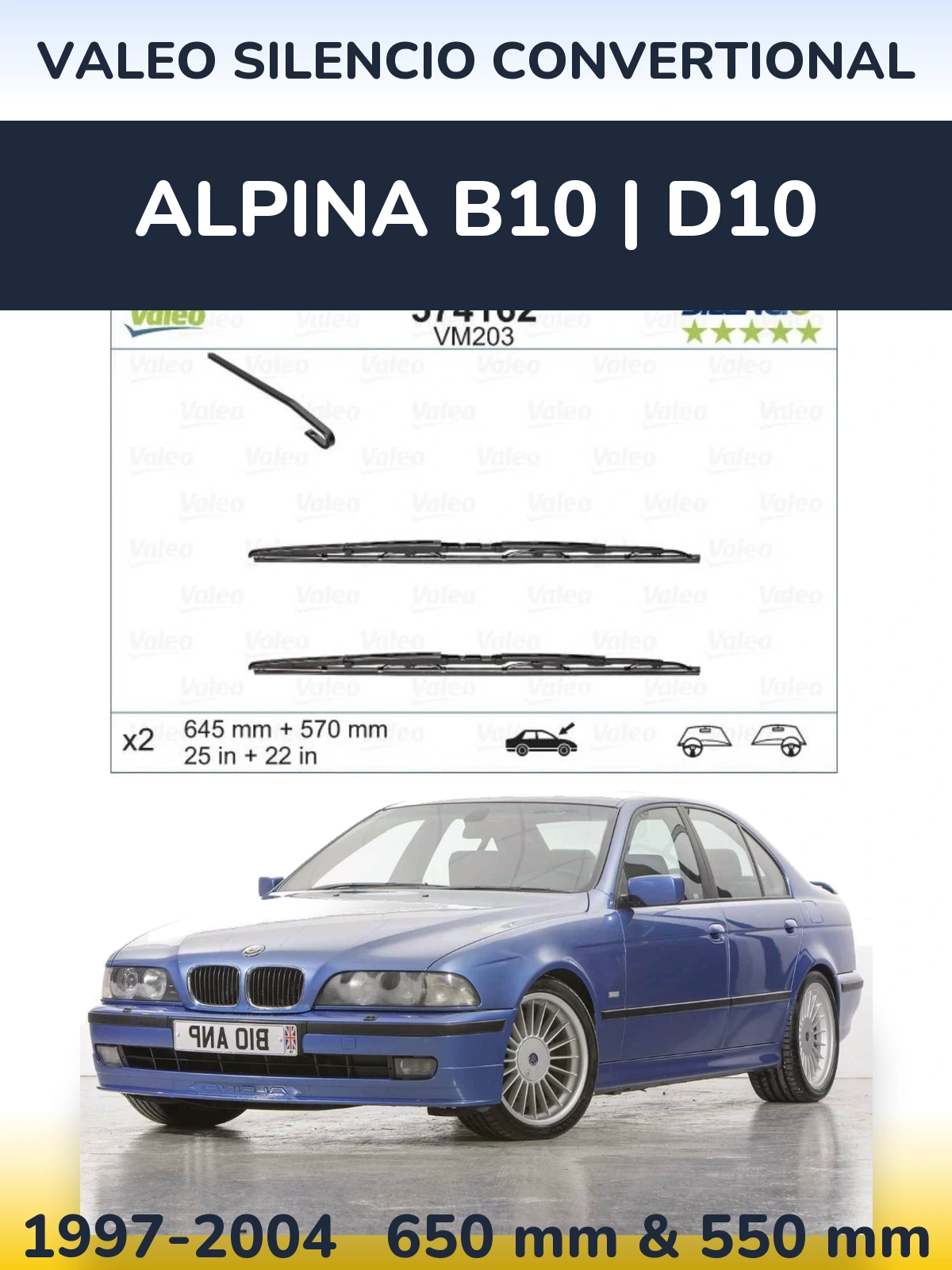 Komplet przednich wycieraczek Valeo Silencio Convertional 645 & 570 mm do Alpina B10 | D10 1997-2004