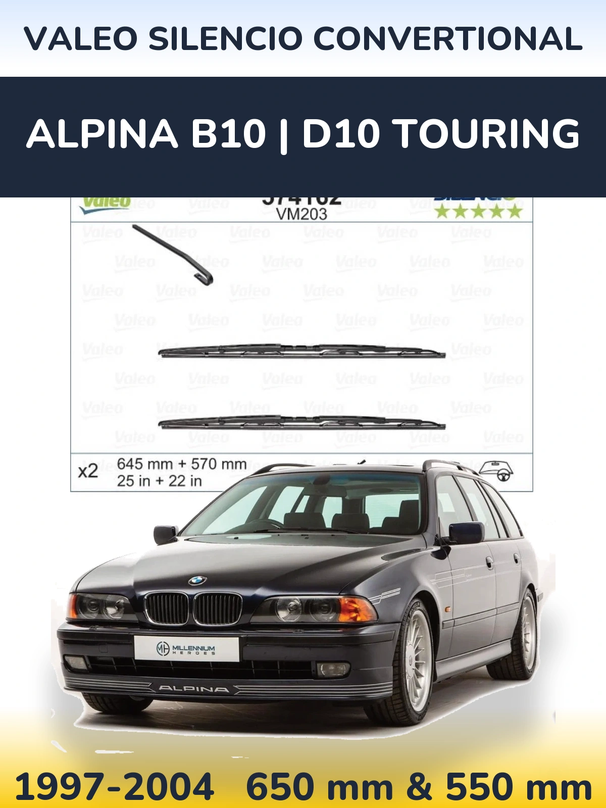 Комплект передніх щіток Valeo Silencio Convertional 645 & 570 мм для Alpina B10 | D10 Touring 1997-2004
