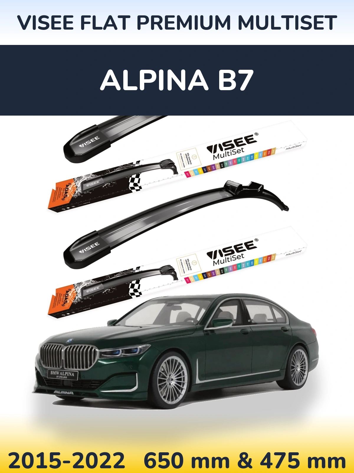 Komplet przednich wycieraczek VISEE FLAT PREMIUM MultiSet 650 & 475 mm do Alpina B7 2015-2022