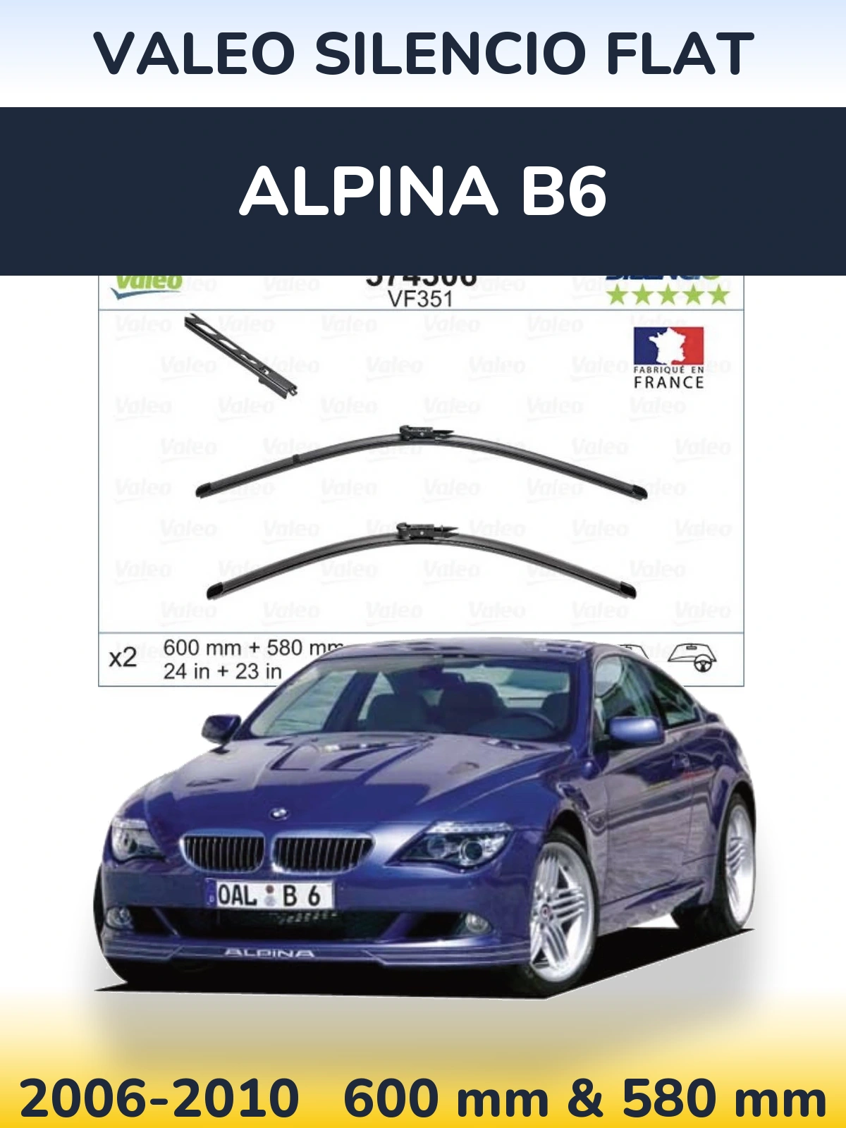 Front wiper blade set Valeo Silencio Flat 600 & 580 mm for Alpina B6 2006-2010