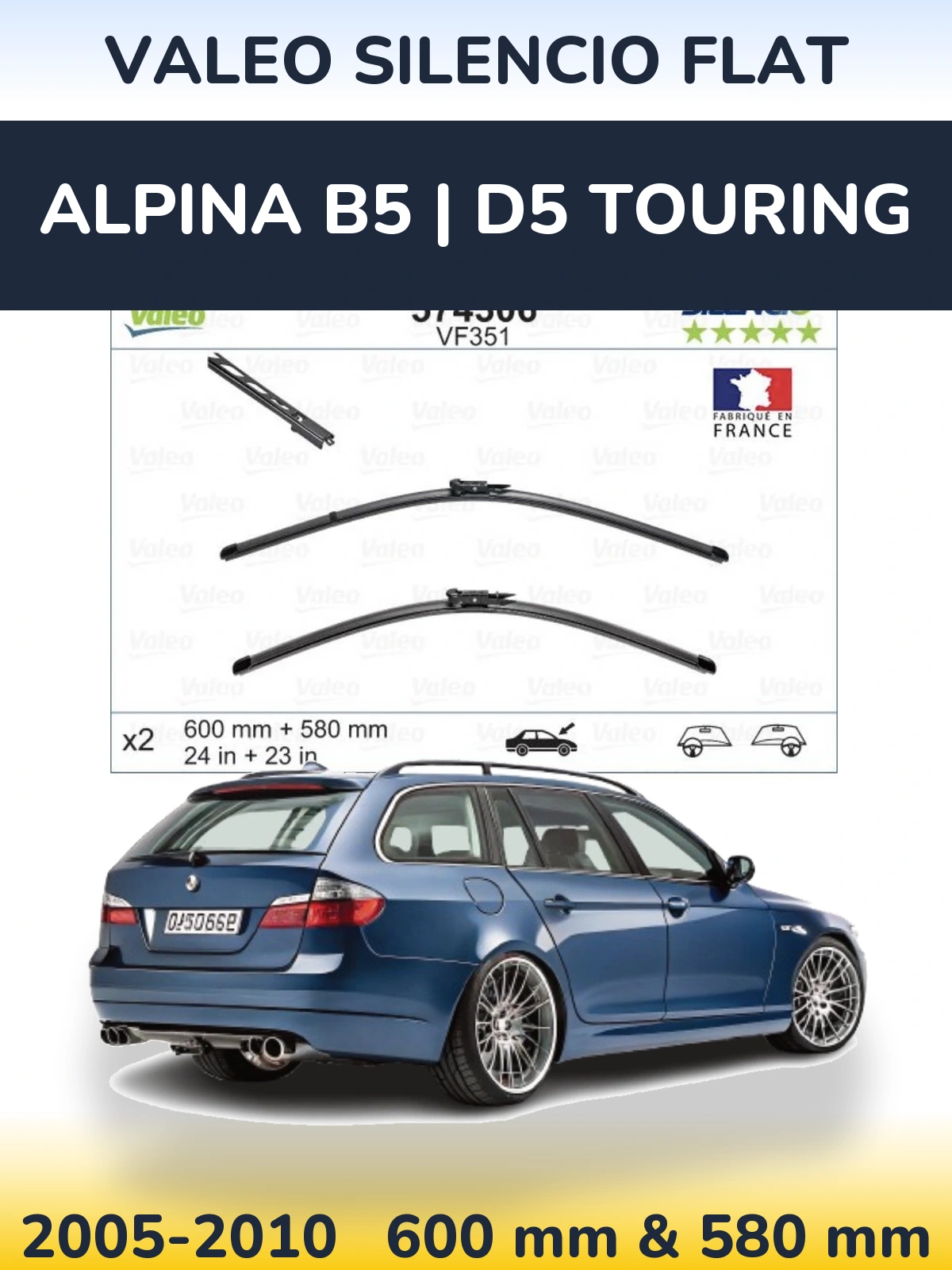 Комплект передних дворников Valeo Silencio Flat 600 & 580 мм для Alpina B5 | D5 Touring 2005-2010
