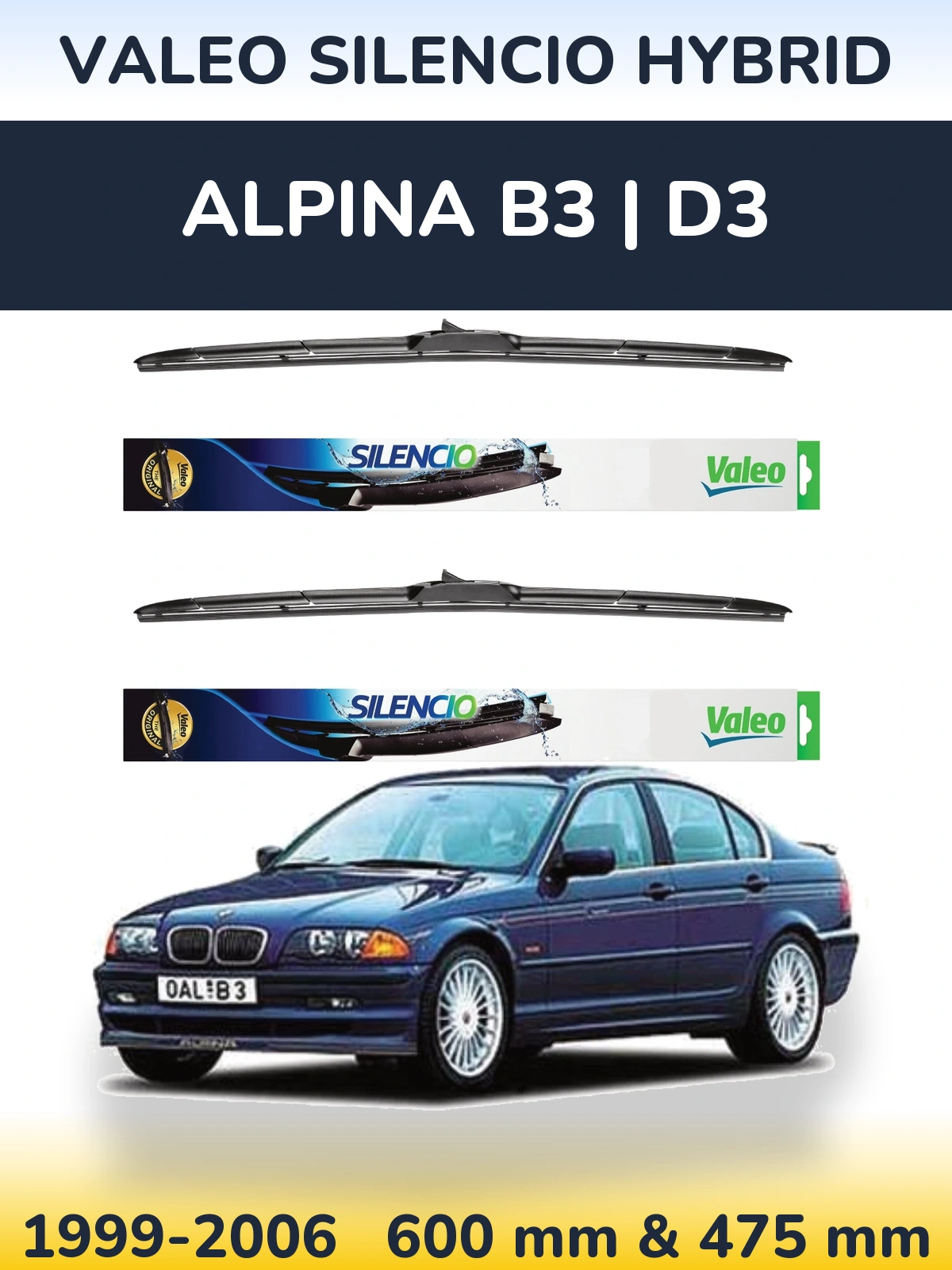 Front wiper blade set Valeo Silencio Hybrid 600 & 475 mm for Alpina B3 | D3 1999-2006