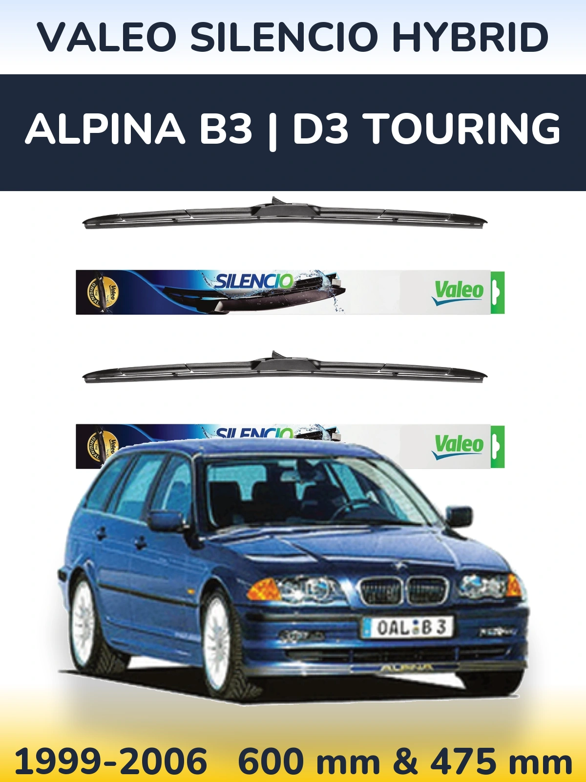 Front wiper blade set Valeo Silencio Hybrid 600 & 475 mm for Alpina B3 | D3 Touring 1999-2006