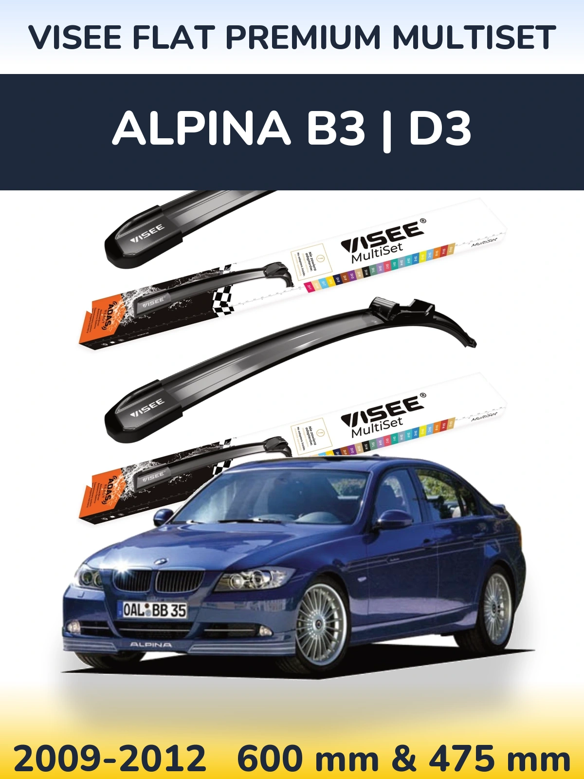 Komplet przednich wycieraczek VISEE FLAT PREMIUM MultiSet 600 & 475 mm do Alpina B3 | D3 2009-2012