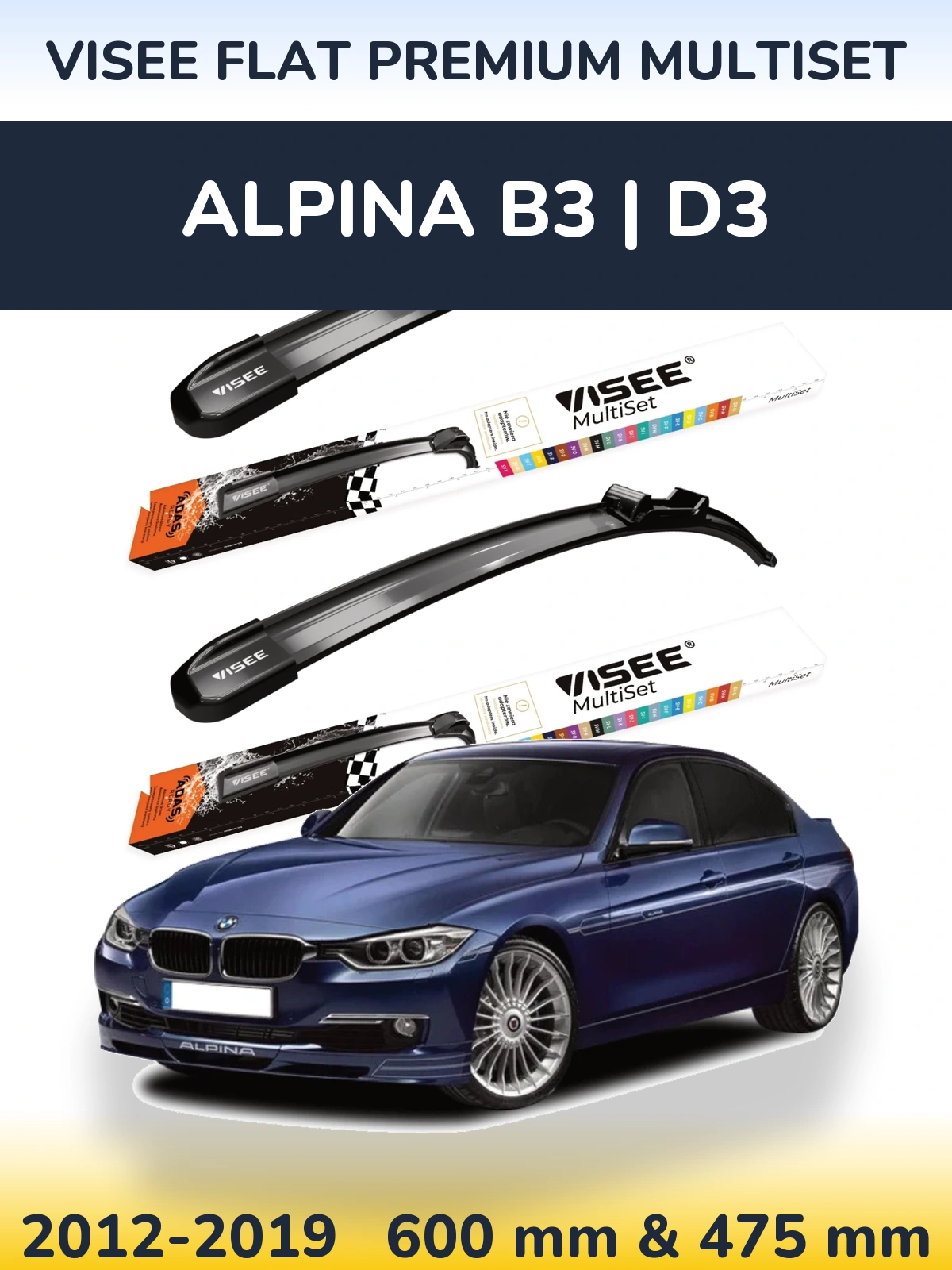 Komplet przednich wycieraczek VISEE FLAT PREMIUM MultiSet 600 & 475 mm do Alpina B3 | D3 2012-2019
