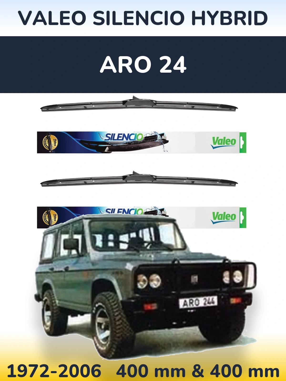 Front wiper blade set Valeo Silencio Hybrid 400 & 400 mm for ARO 24 1972-2006