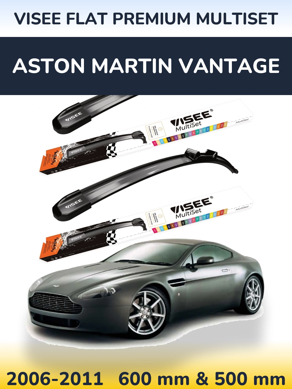 Комплект передних дворников VISEE FLAT PREMIUM MultiSet 600 & 500 мм для Aston Martin Vantage 2006-2011