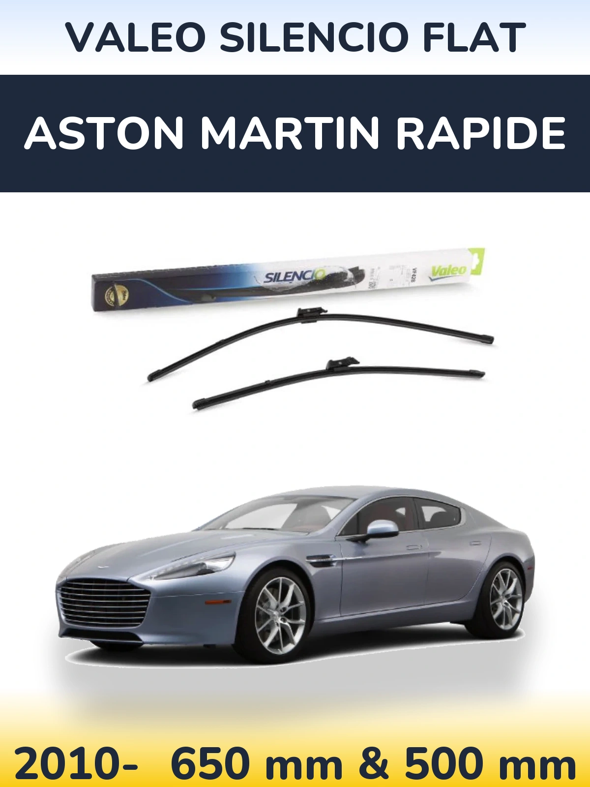 Front wiper blade set Valeo Silencio Flat 650 & 500 mm for Aston Martin Rapide 2010-2026