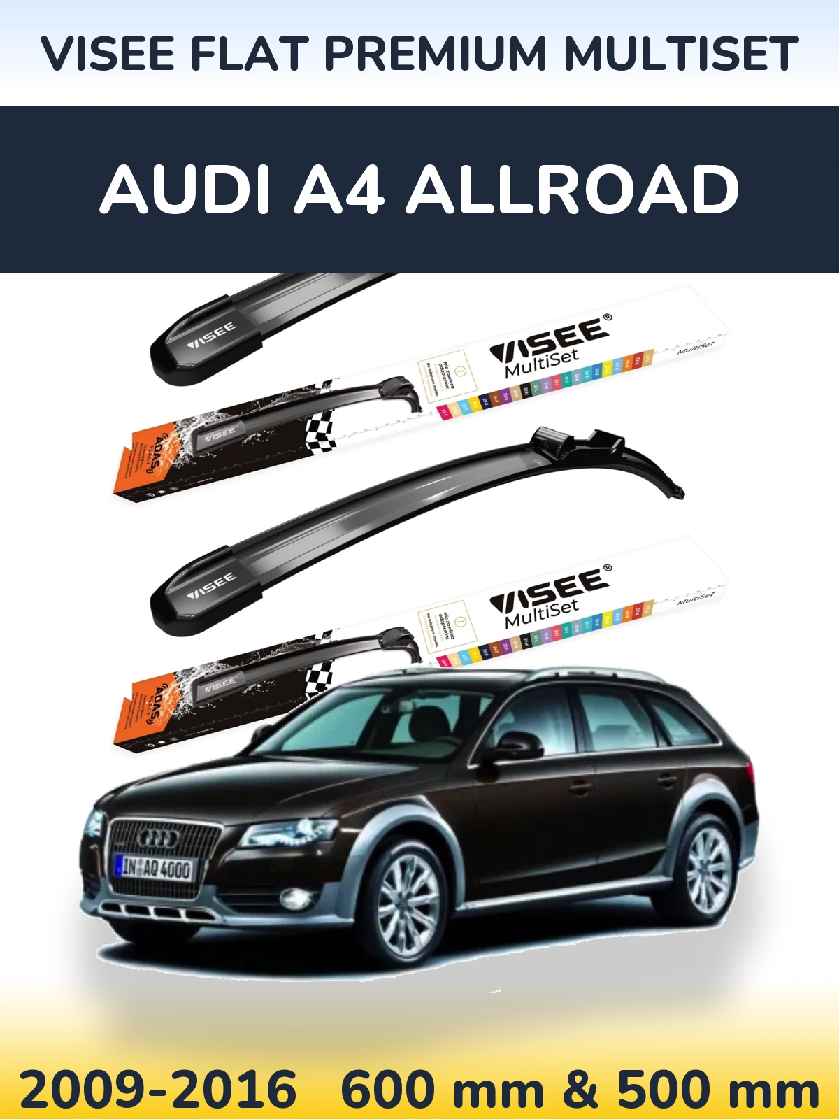 Комплект передних дворников VISEE FLAT PREMIUM MultiSet 600 & 500 мм для Audi A4 Allroad 2009-2016