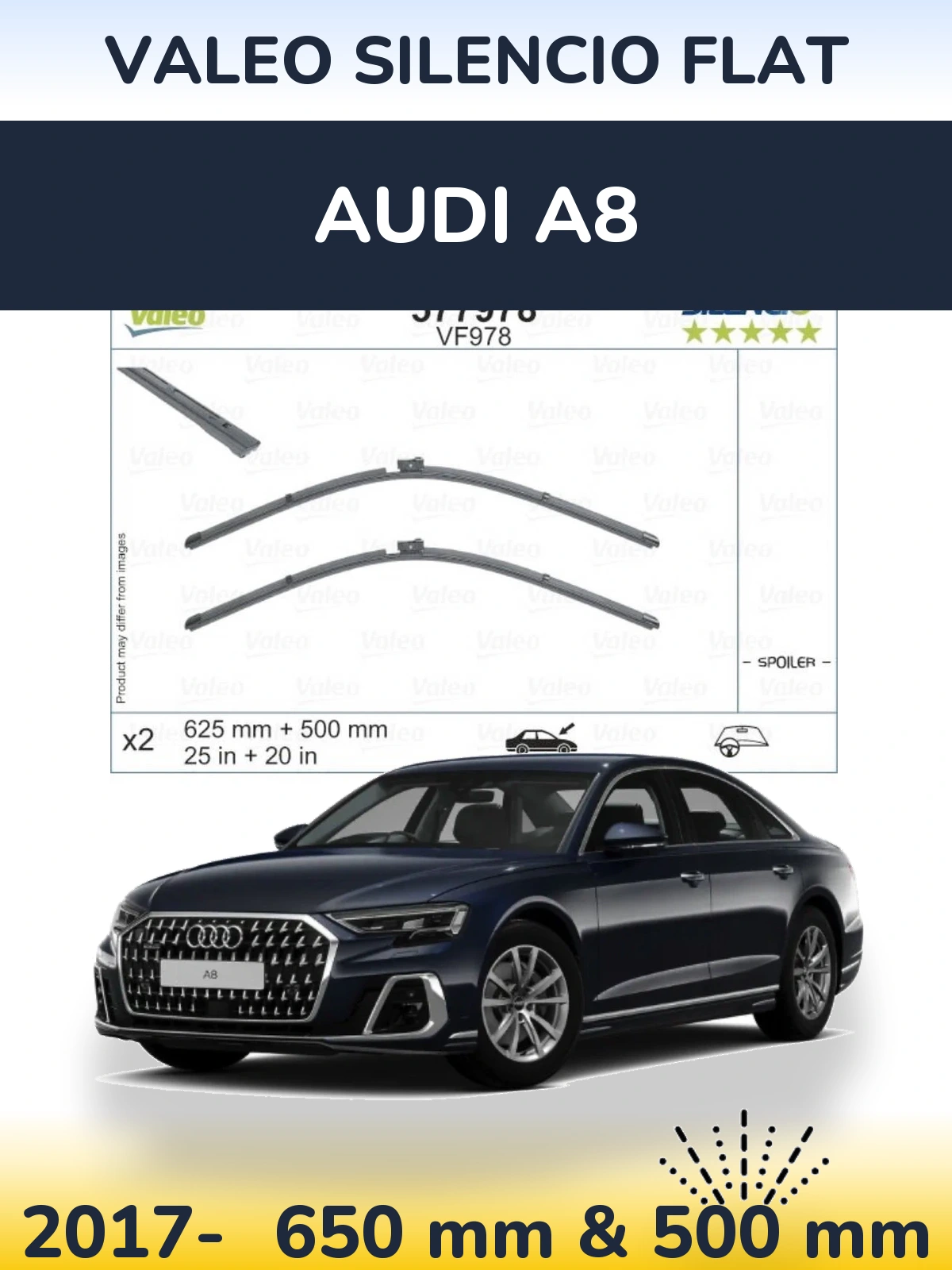 Komplet przednich wycieraczek Valeo Silencio Flat 625 & 500 mm do Audi A8 2017-2026
