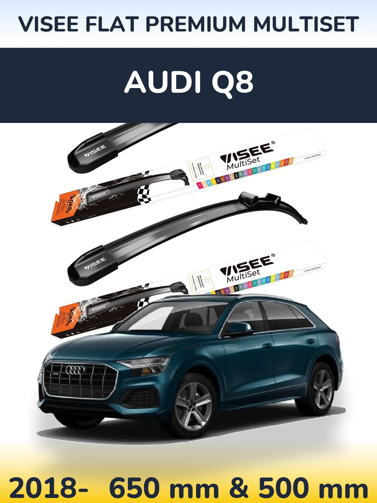 Комплект передніх щіток VISEE FLAT PREMIUM MultiSet 650 & 500 мм для Audi Q8 2018-2026