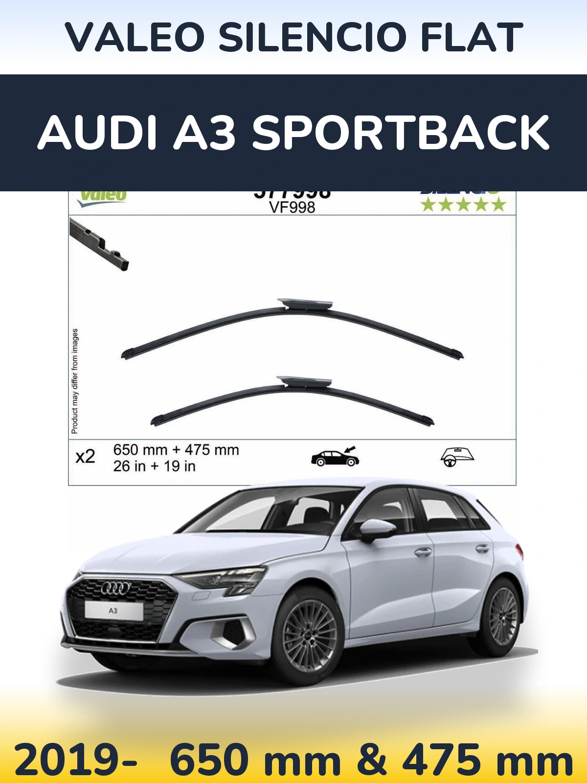 Комплект передних дворников Valeo Silencio Flat 650 & 475 мм для Audi A3 Sportback 2019-2026