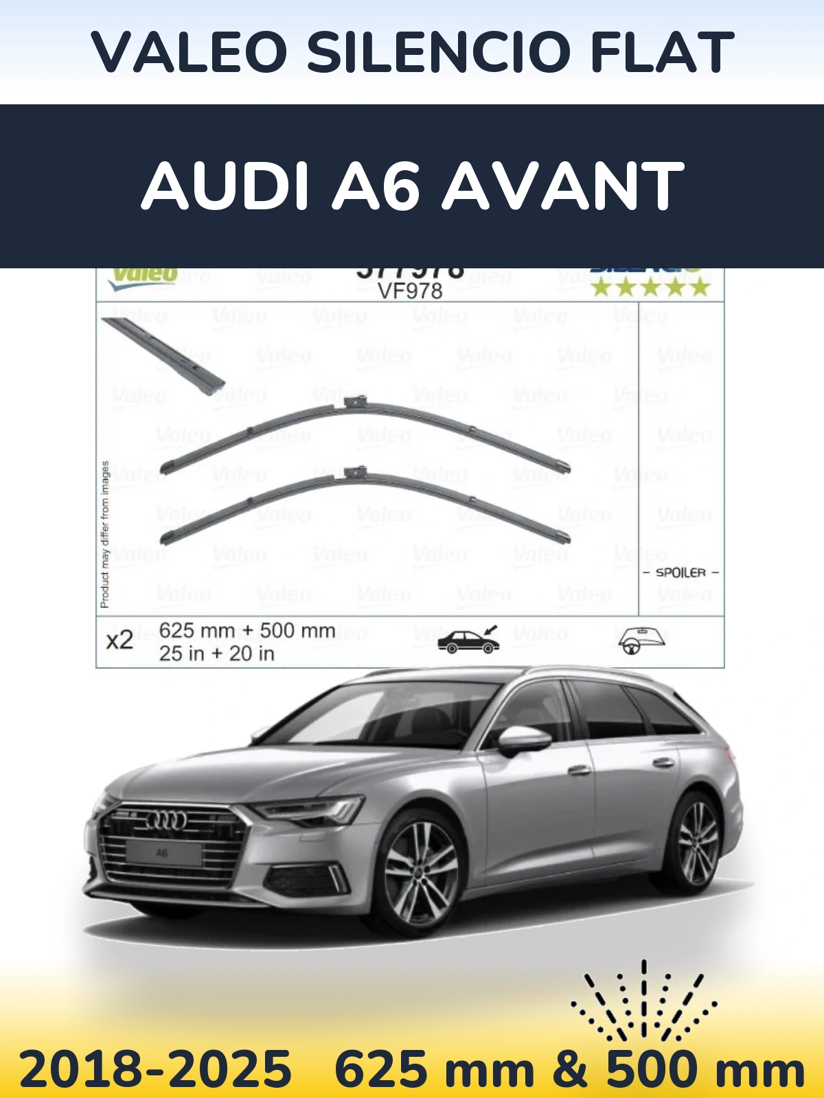 Комплект передніх щіток Valeo Silencio Flat 625 & 500 мм для Audi A6 Avant 2018-2025