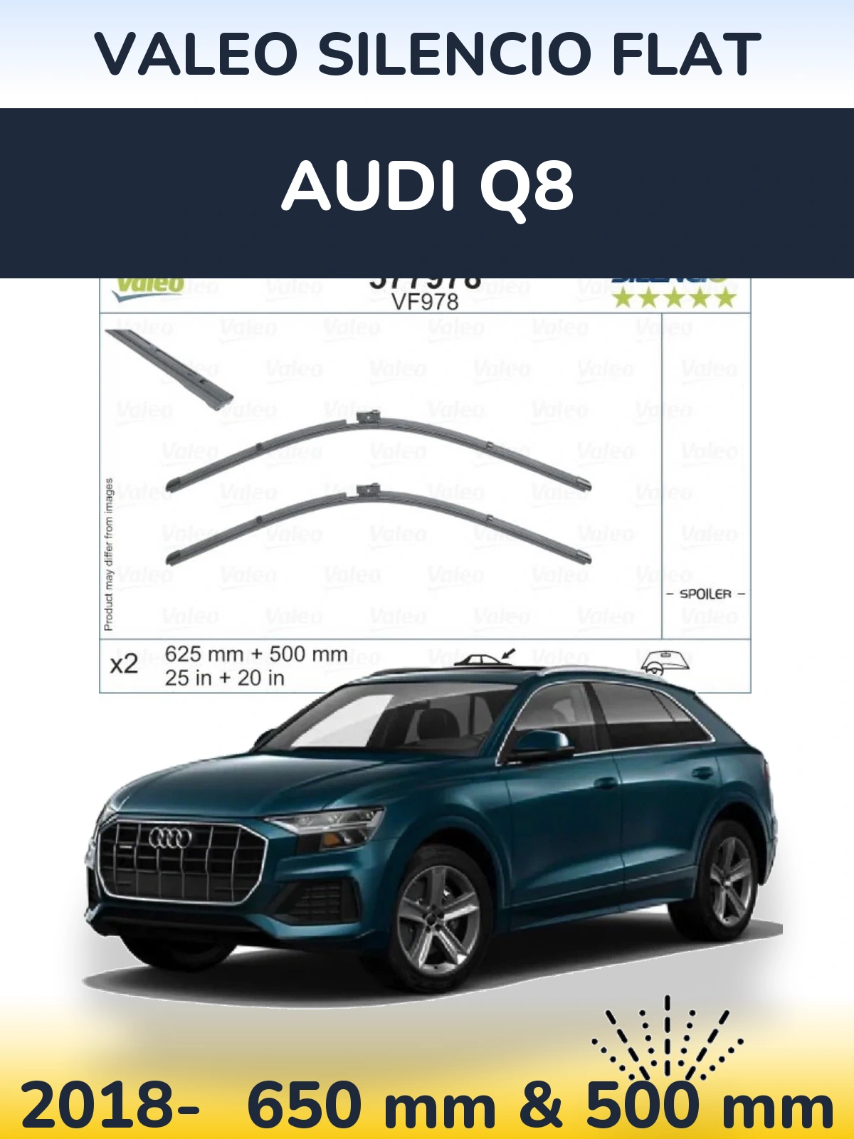 Komplet przednich wycieraczek Valeo Silencio Flat 625 & 500 mm do Audi Q8 2018-2026