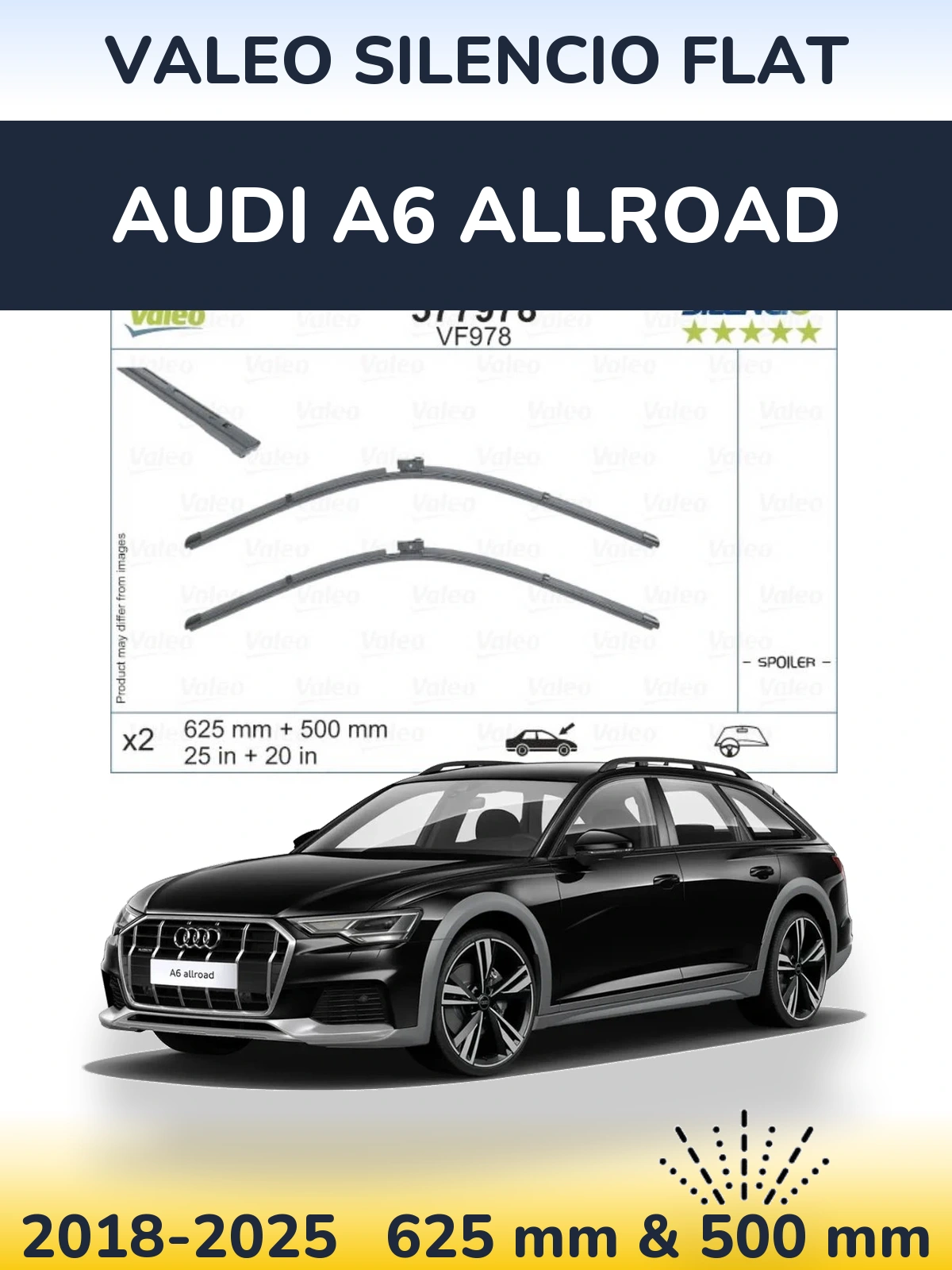 Комплект передніх щіток Valeo Silencio Flat 625 & 500 мм для Audi A6 Allroad 2018-2025