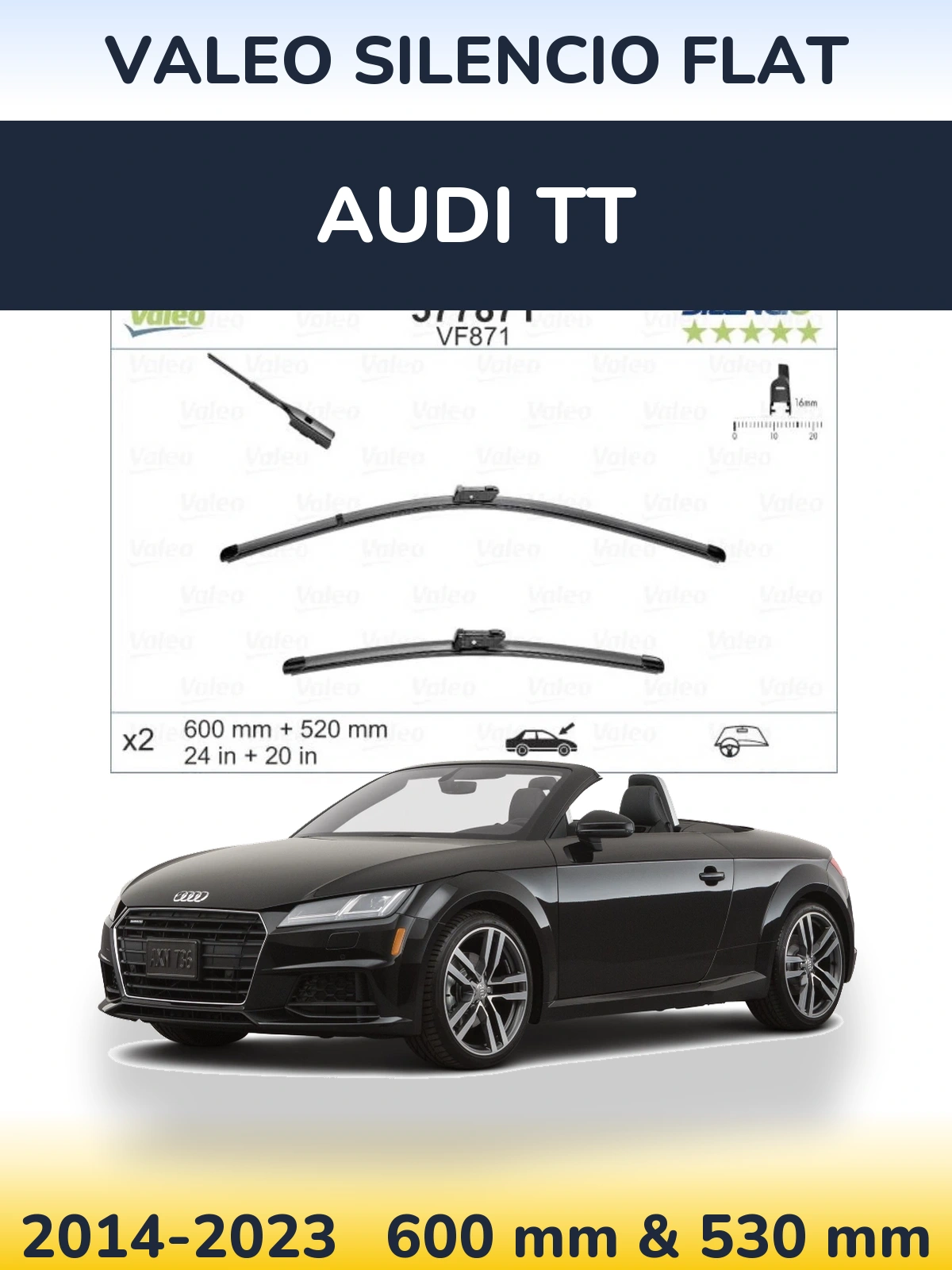 Front wiper blade set Valeo Silencio Flat 600 & 520 mm for Audi TT 2014-2023
