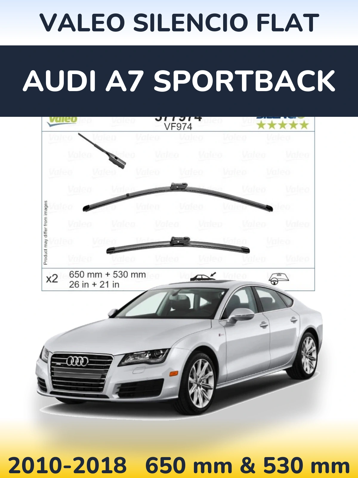 Komplet przednich wycieraczek Valeo Silencio Flat 650 & 530 mm do Audi A7 Sportback 2010-2018