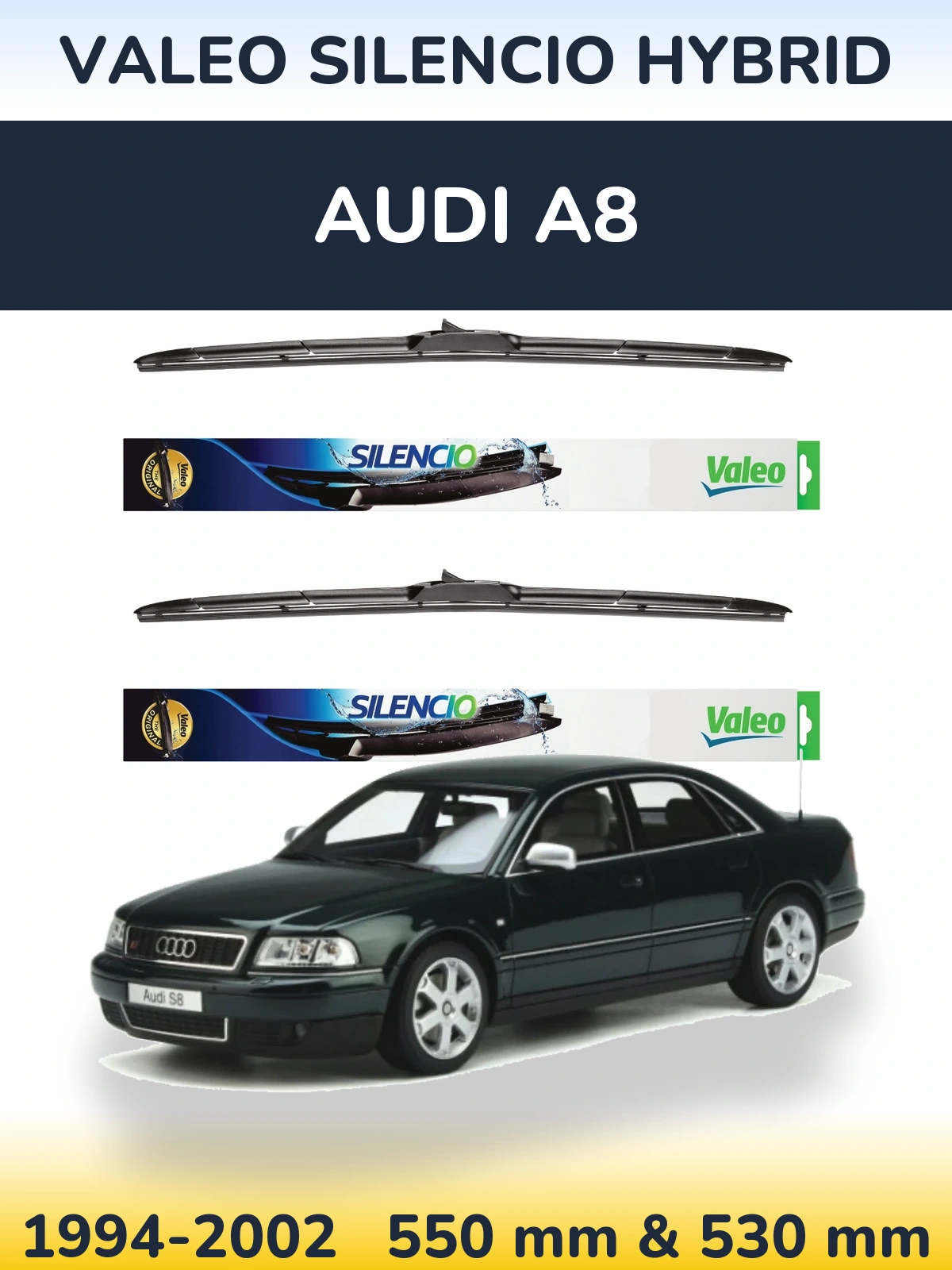 Komplet przednich wycieraczek Valeo Silencio Hybrid 550 & 530 mm do Audi A8 1994-2002