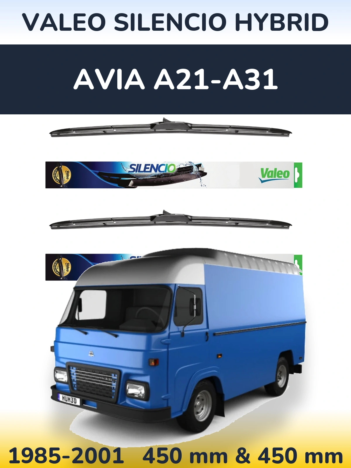 Front wiper blade set Valeo Silencio Hybrid 450 & 450 mm for Avia A21-A31 1985-2001