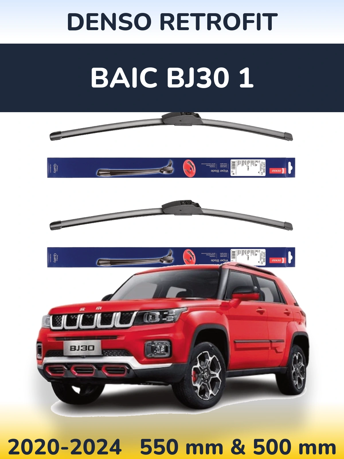 Front wiper blade set Denso Retrofit 550 & 500 mm for BAIC BJ30 1 2020-2024