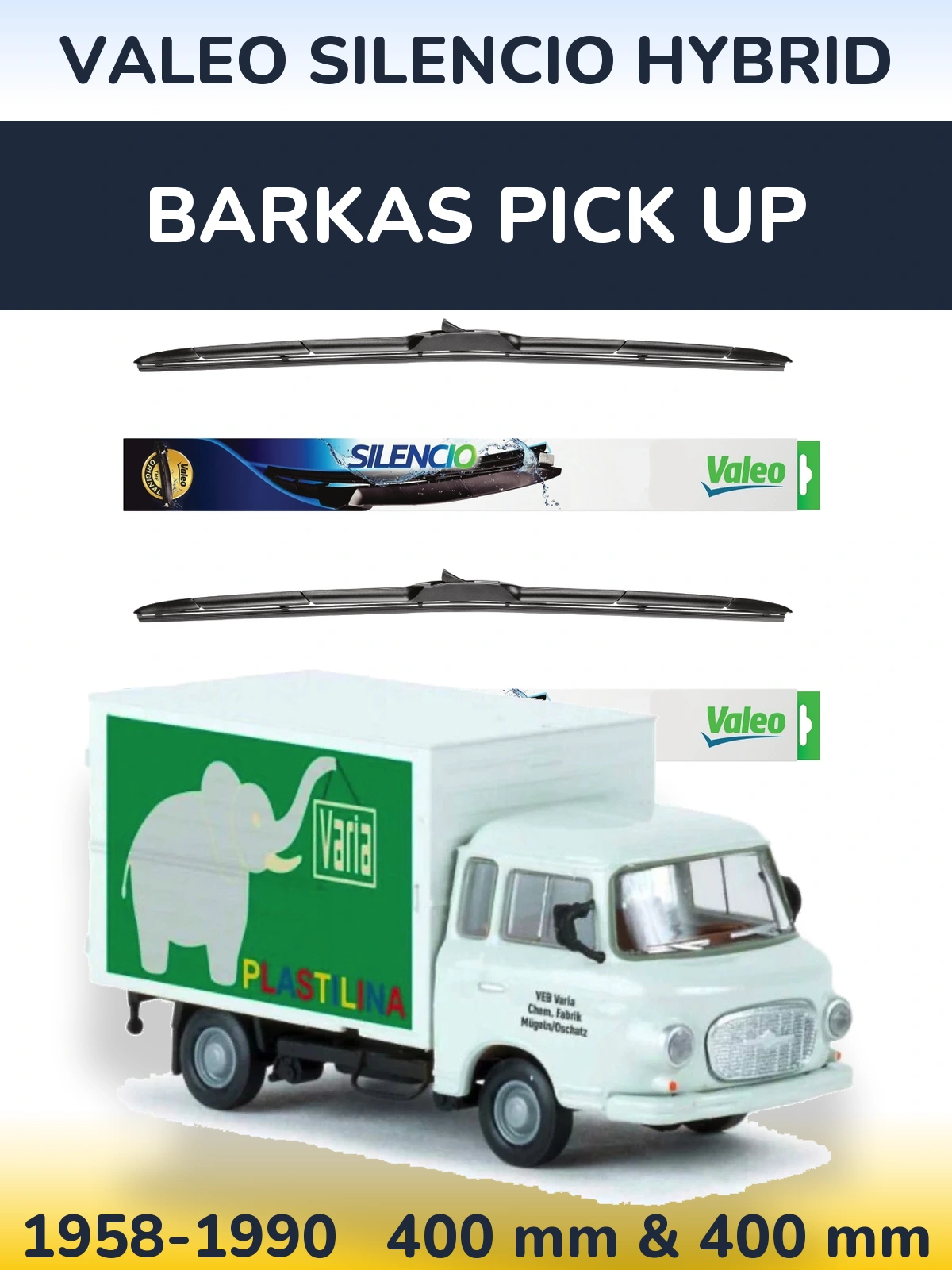 Front wiper blade set Valeo Silencio Hybrid 400 & 400 mm for Barkas Pick Up 1958-1990
