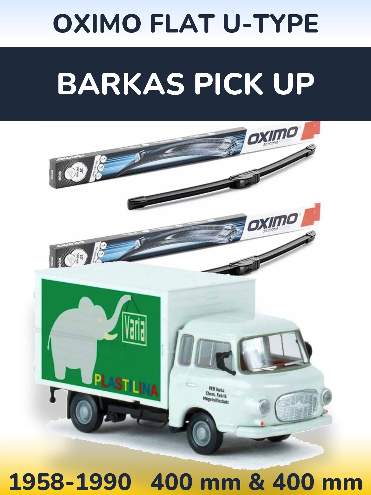 Front wiper blade set Oximo Flat U-type 400 & 400 mm for Barkas Pick Up 1958-1990
