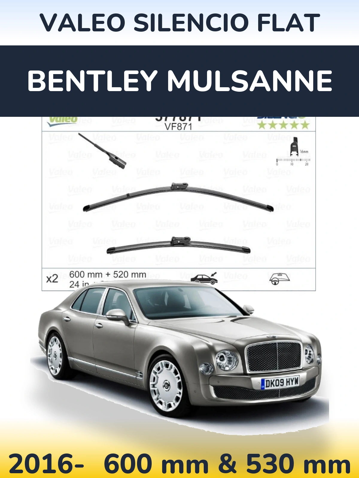 Front wiper blade set Valeo Silencio Flat 600 & 520 mm for Bentley Mulsanne 2016-2026