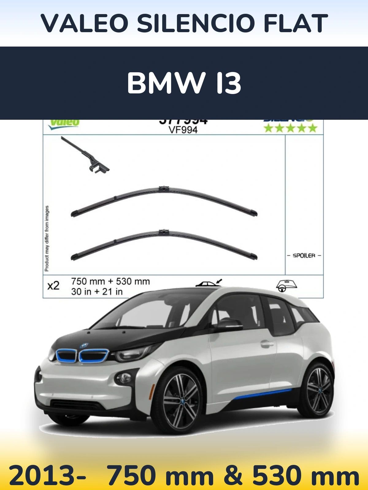 Front wiper blade set Valeo Silencio Flat 750 & 530 mm for BMW i3 2013-2026
