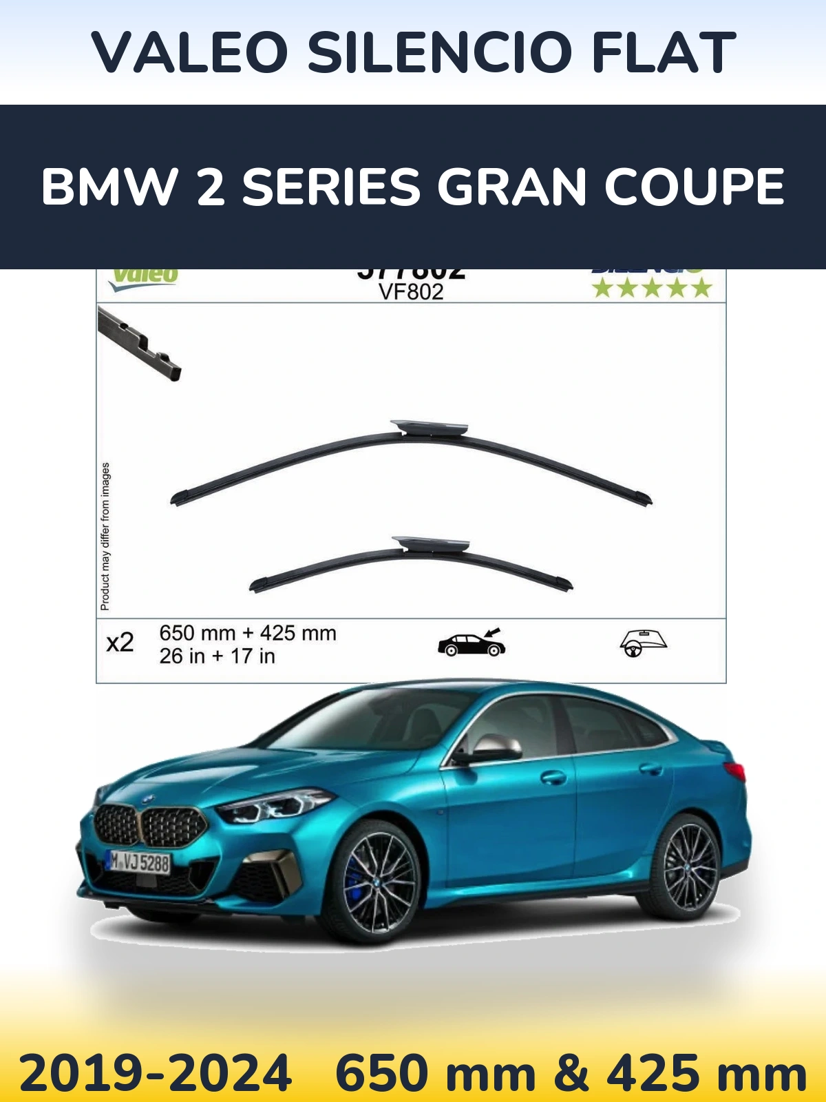 Komplet przednich wycieraczek Valeo Silencio Flat 650 & 425 mm do BMW Seria 2 Gran Coupe 2019-2024
