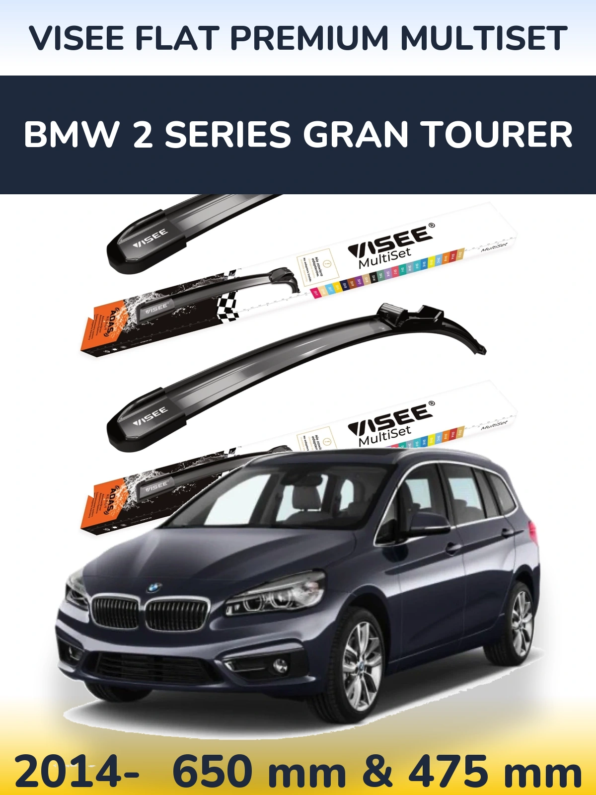 Komplet przednich wycieraczek VISEE FLAT PREMIUM MultiSet 650 & 475 mm do BMW Seria 2 Gran Tourer 2014-2026